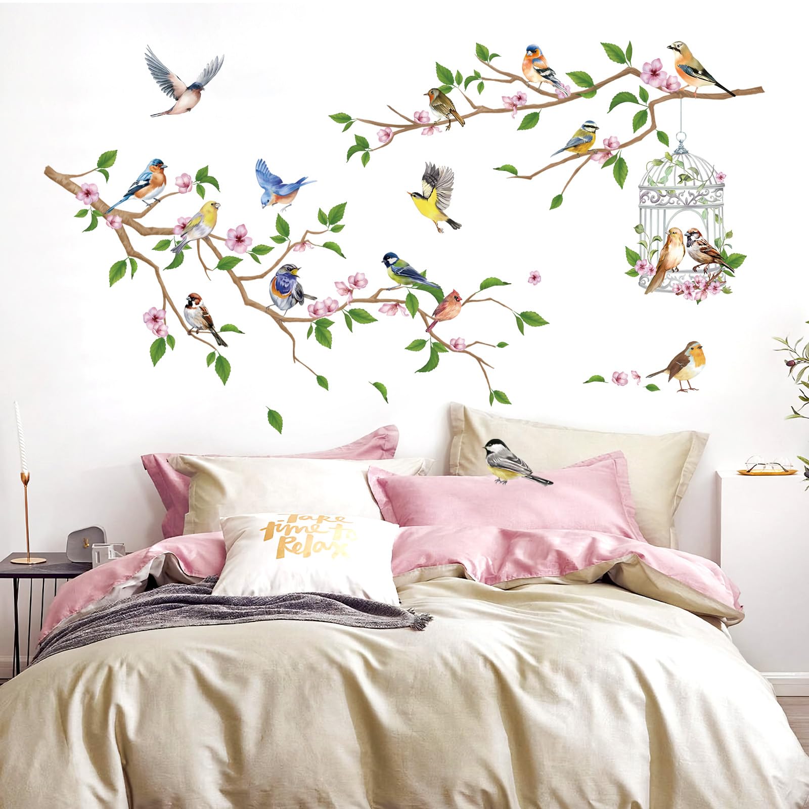 FUFUQUARE Garden Birds on Tree Branches Wall Stickers Pink Flowers Birdcage Wall Decals PVC Removable Decoration for Nursery Bedroom Living Room - Image 3