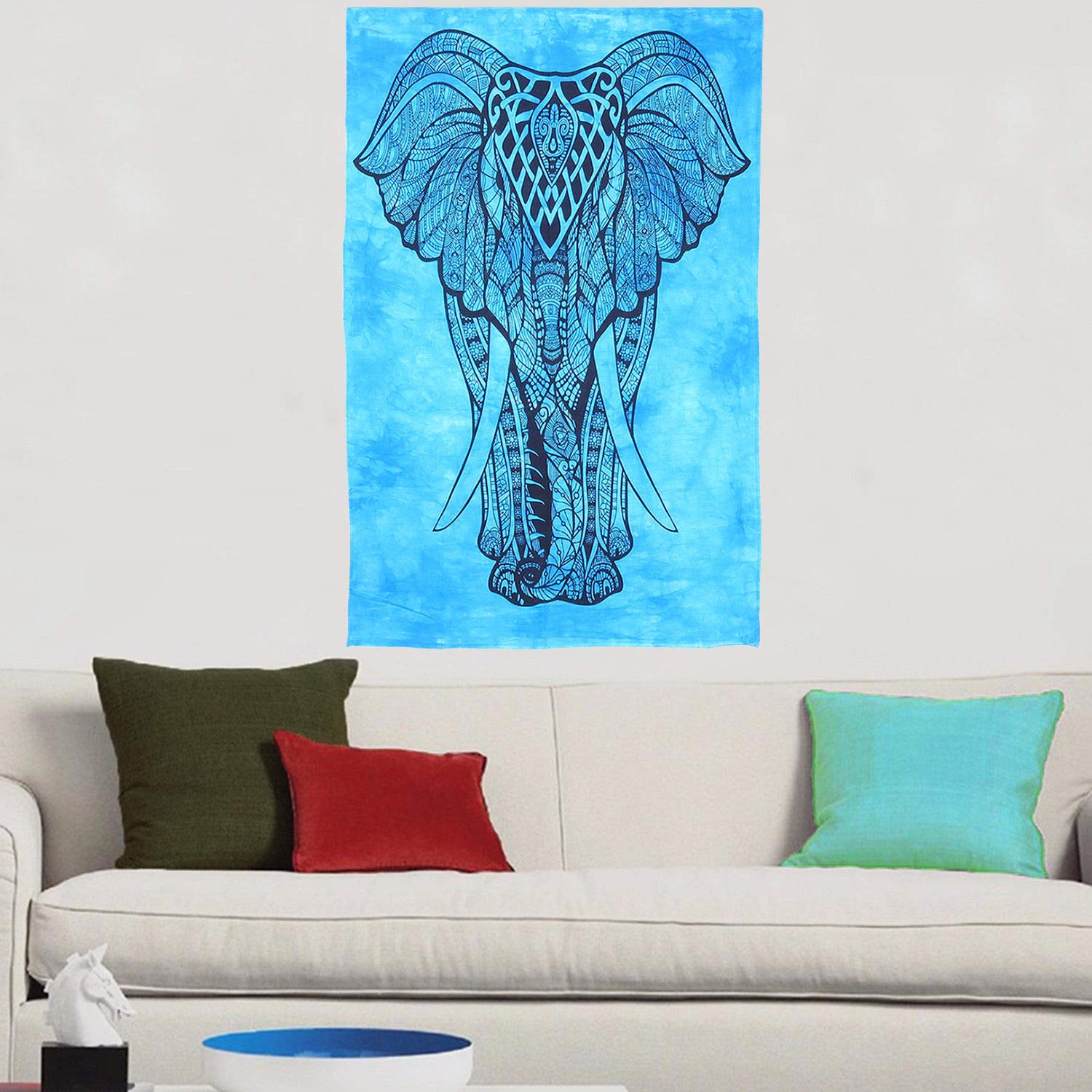 Ava Collections Blue Indian Elephant Wall Hanging Tapestry Mandala Poster Tie Dye Cotton Bohemian Hanging Elephants Boho Hippie Dorm Wall Décor Art 40X30 Inches (Blue)