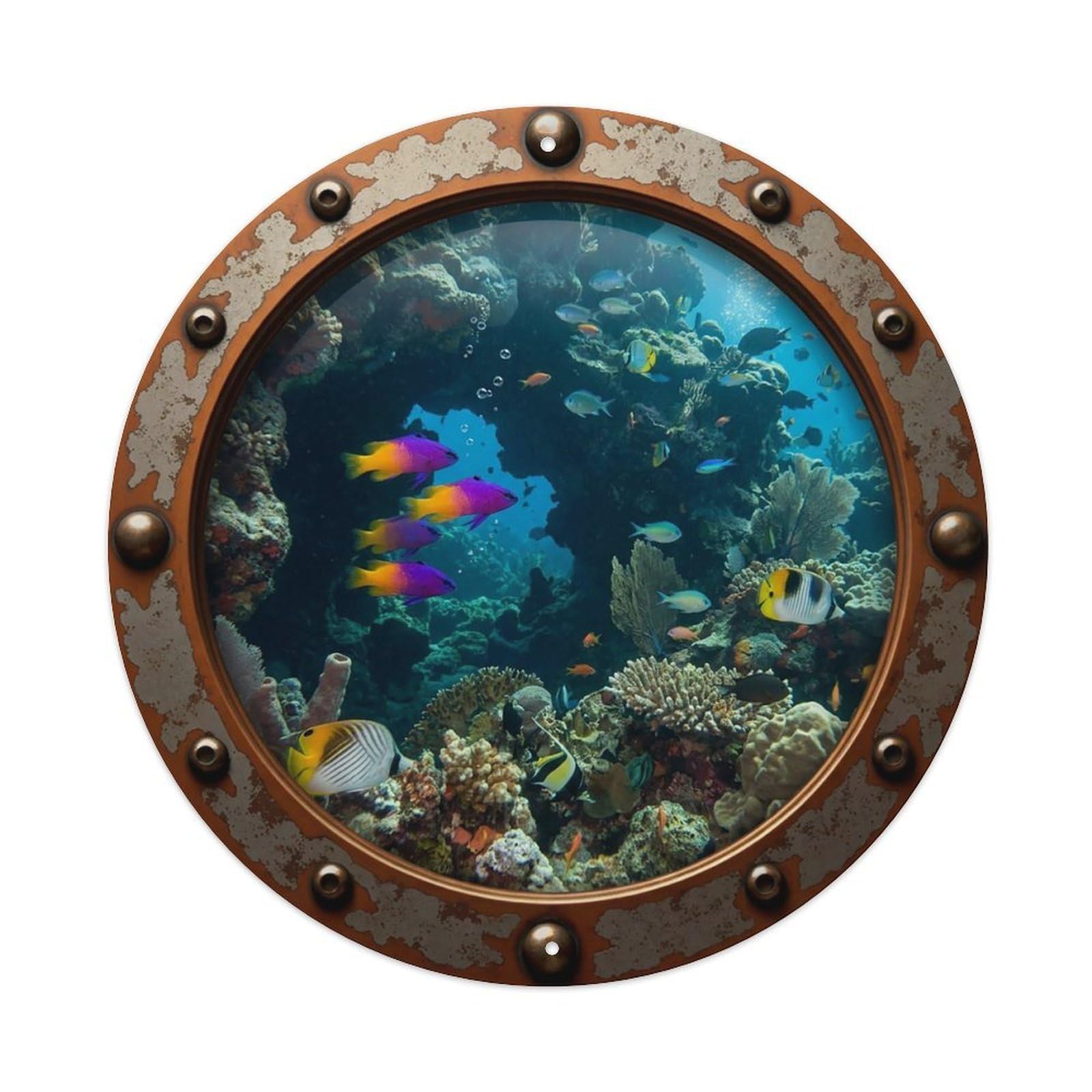 Cwbufd Vintage Style Vintage Porthole Basslet Fish Nautical Window View Vintage Metal Tin Sign Plaque Wall Decor For Cafe, Club Bar, Office, Garden Metal Poster 8X8inch
