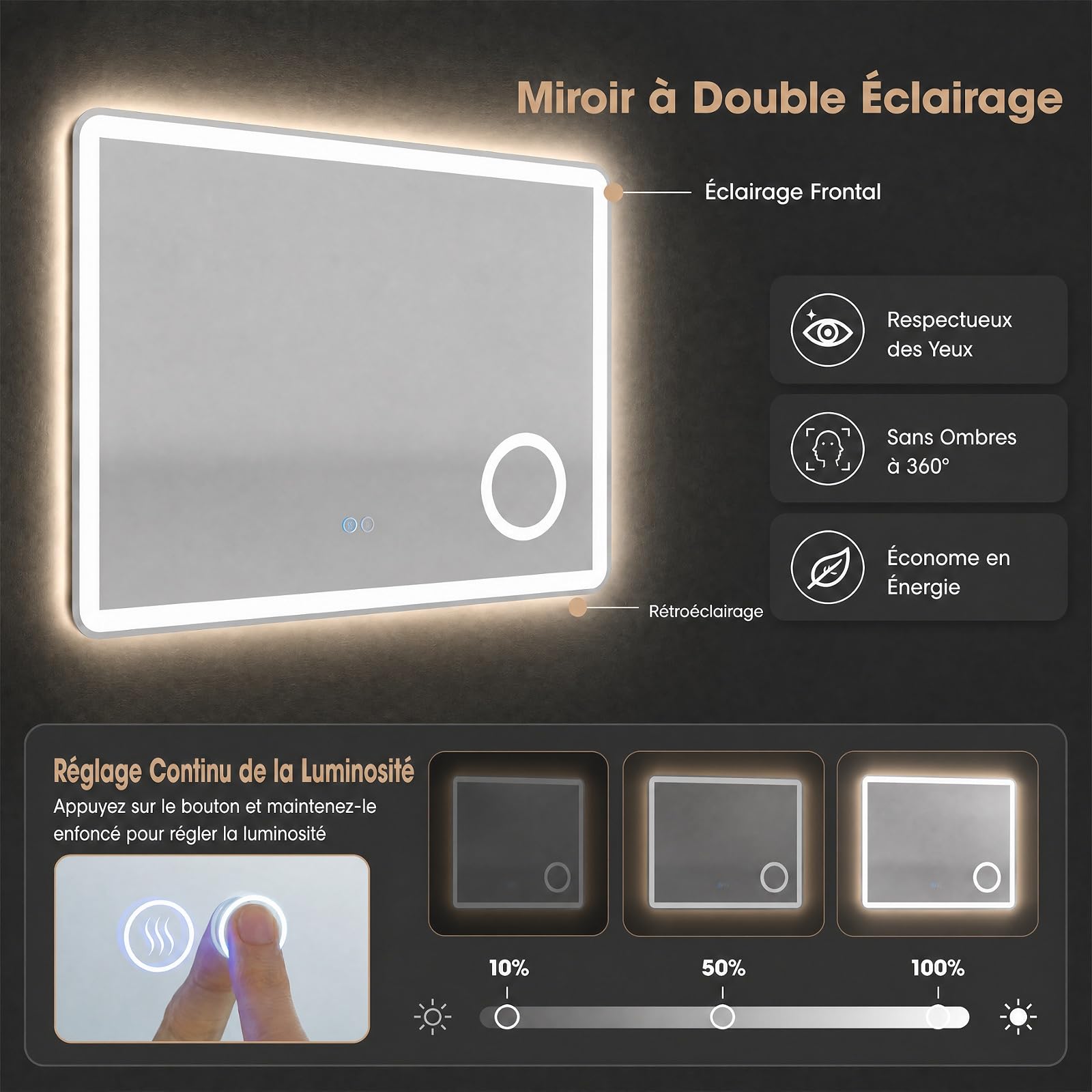 COSTWAY Miroir Salle de Bain avec Eclairage 80 x 60 cm, Grossissant 3X