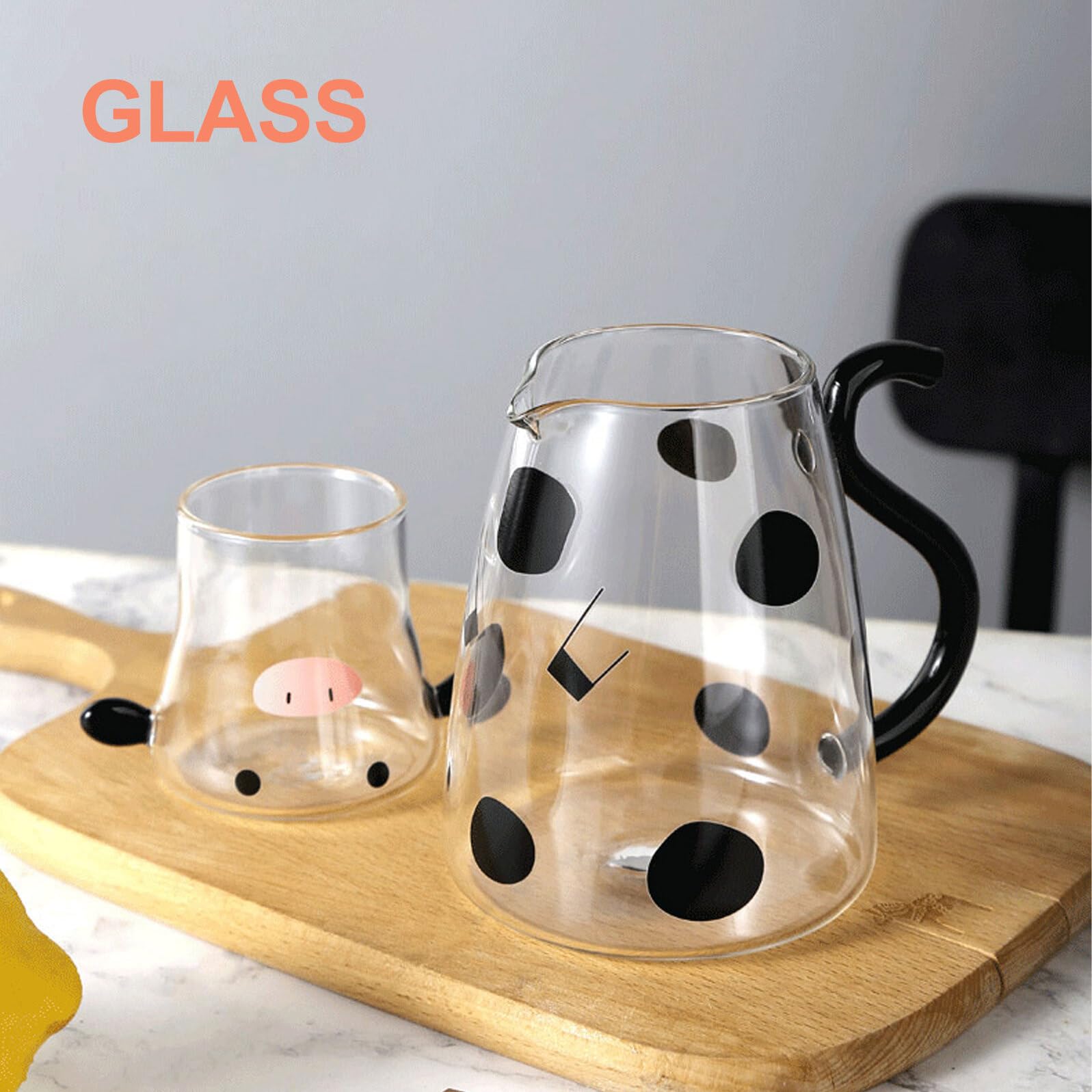 Ciieeo Caraffa per Acqua Fredda in Vetro Bottiglia per Acqua in Vetro Brocca per Succo Tazza Design Forma di Mucca Resistente al Calore per Uso Quotidiano
