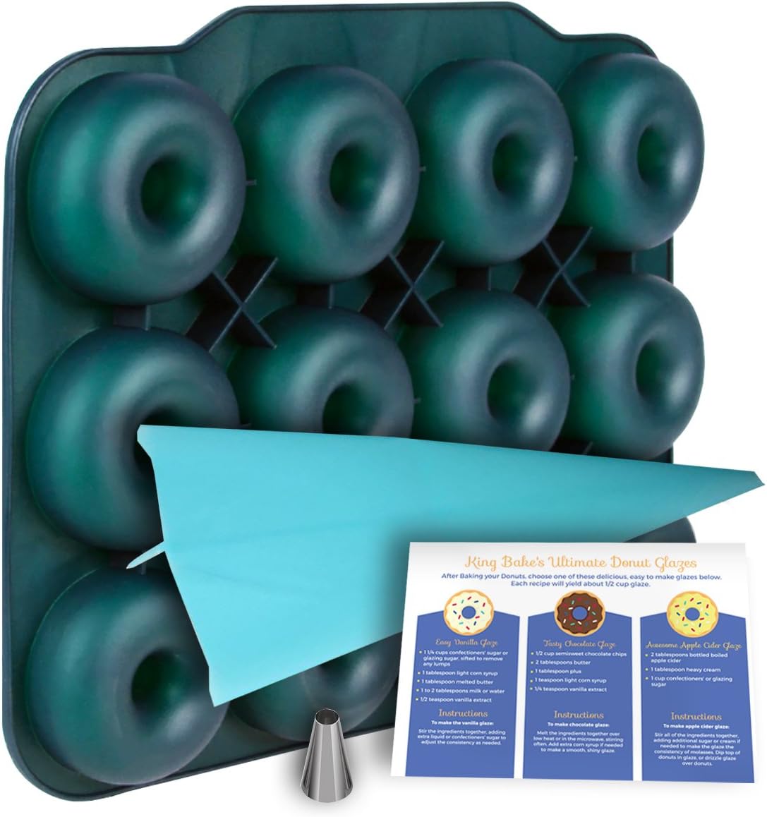 Large Luxury Silicone Donut Pan - BPA-Free, SUPER-NON-STICK, 12 Full Size Doughnut Mold, Bagel Pan with Bonus Pastry Bag and Recipe Card.