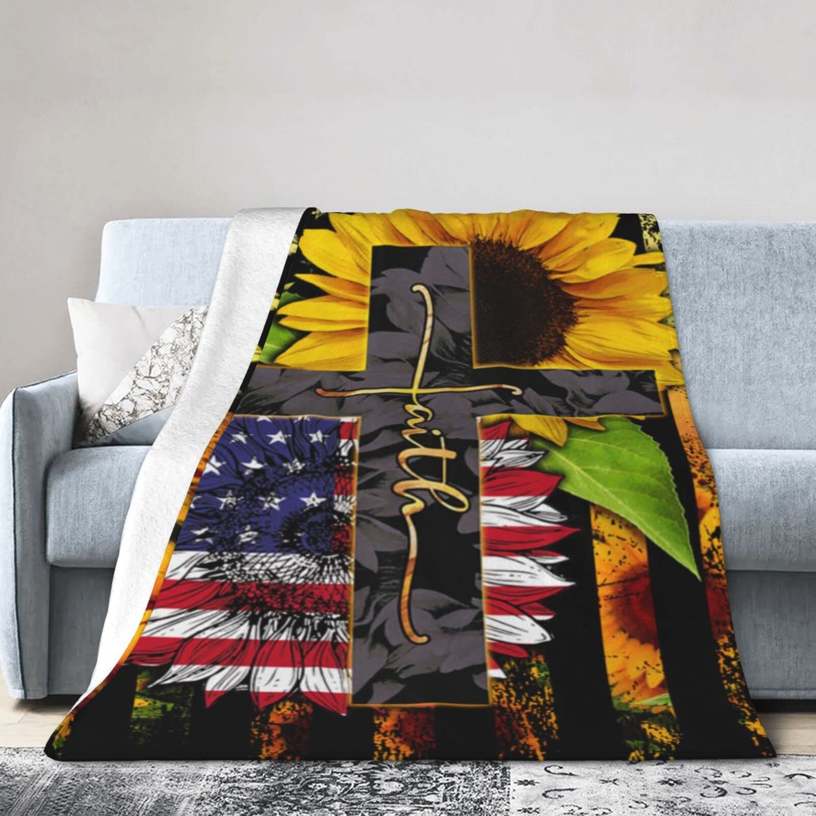 Lsjuee Flannel Fleece Blanket 50"X40" American Faith Sunflower Bed Throw Blanket Weighted Ultra-Soft Travel Winter Blankets for Boys Keep Warm