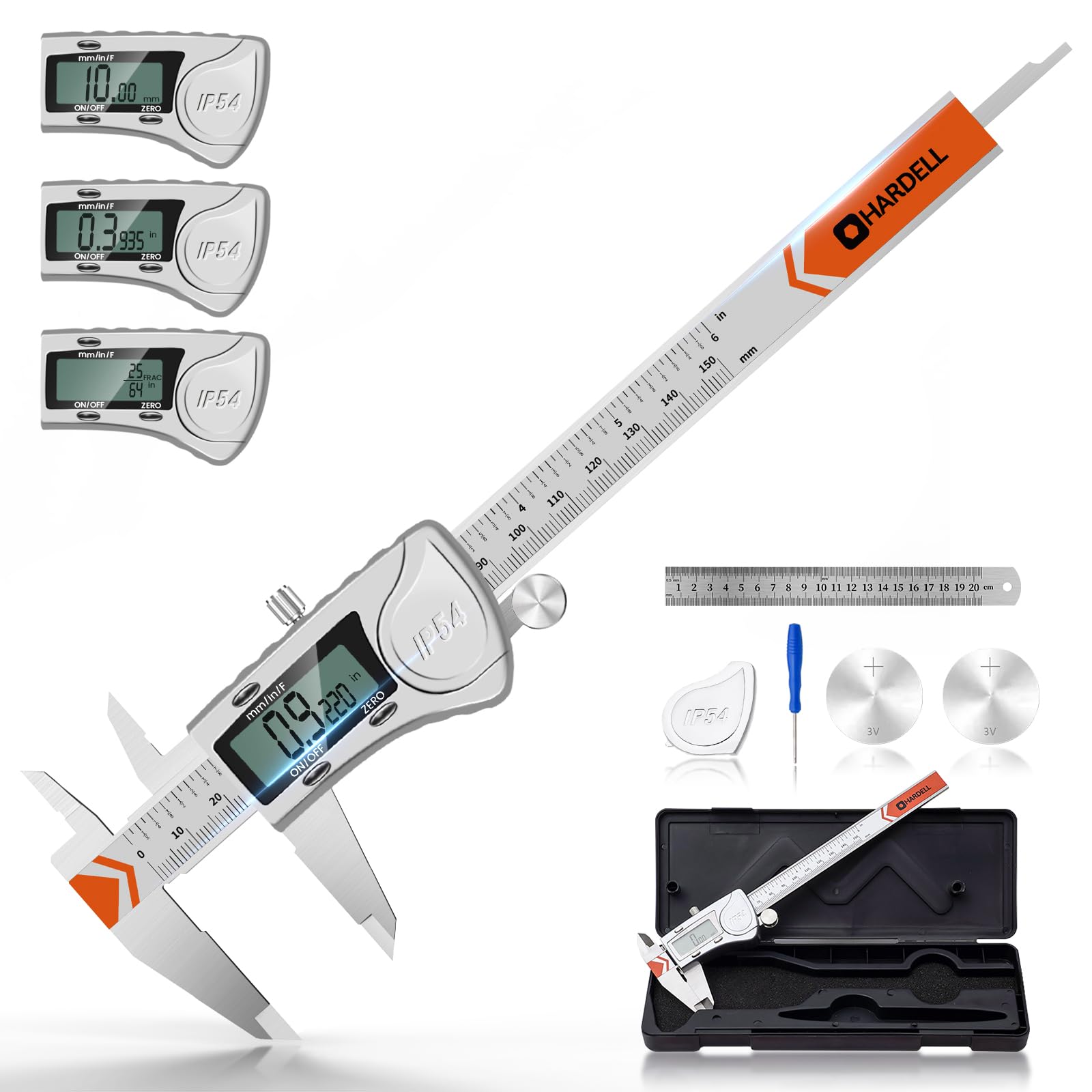 HARDELL Digital Caliper, IP54 Waterproof Caliper Measuring Tool with 3-Batteries & Extra Cover, All Stainless Steel Heavy-Duty Vernier Caliper Micrometer, Inch/MM/Fraction for DIY/3D-Printing