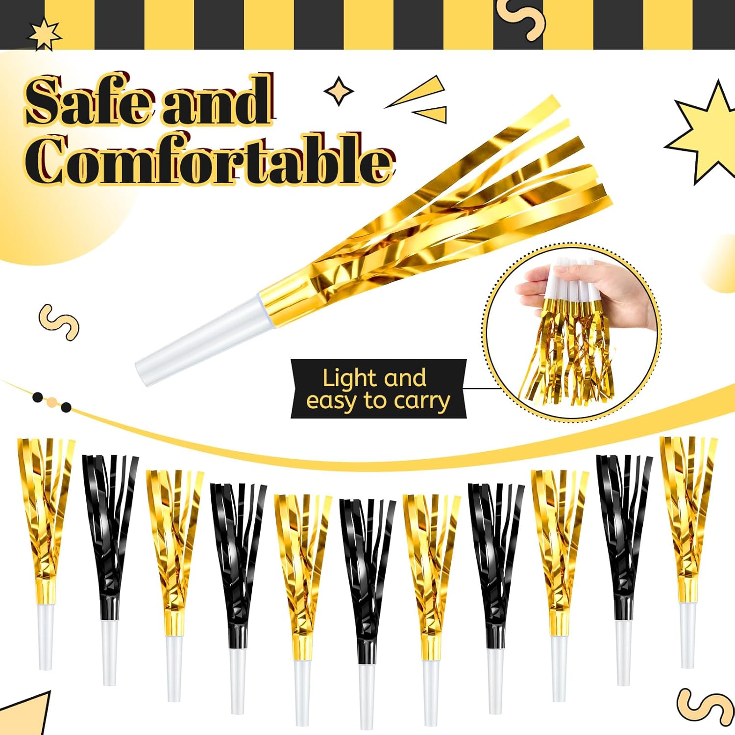 Deekin 200 Pcs Black Gold Party Blowers Bulk, Graduation Noisemakers 2026, Metallic Foil Noisemakers for New Year, Wedding, Anniversary, Birthday Party Supplies