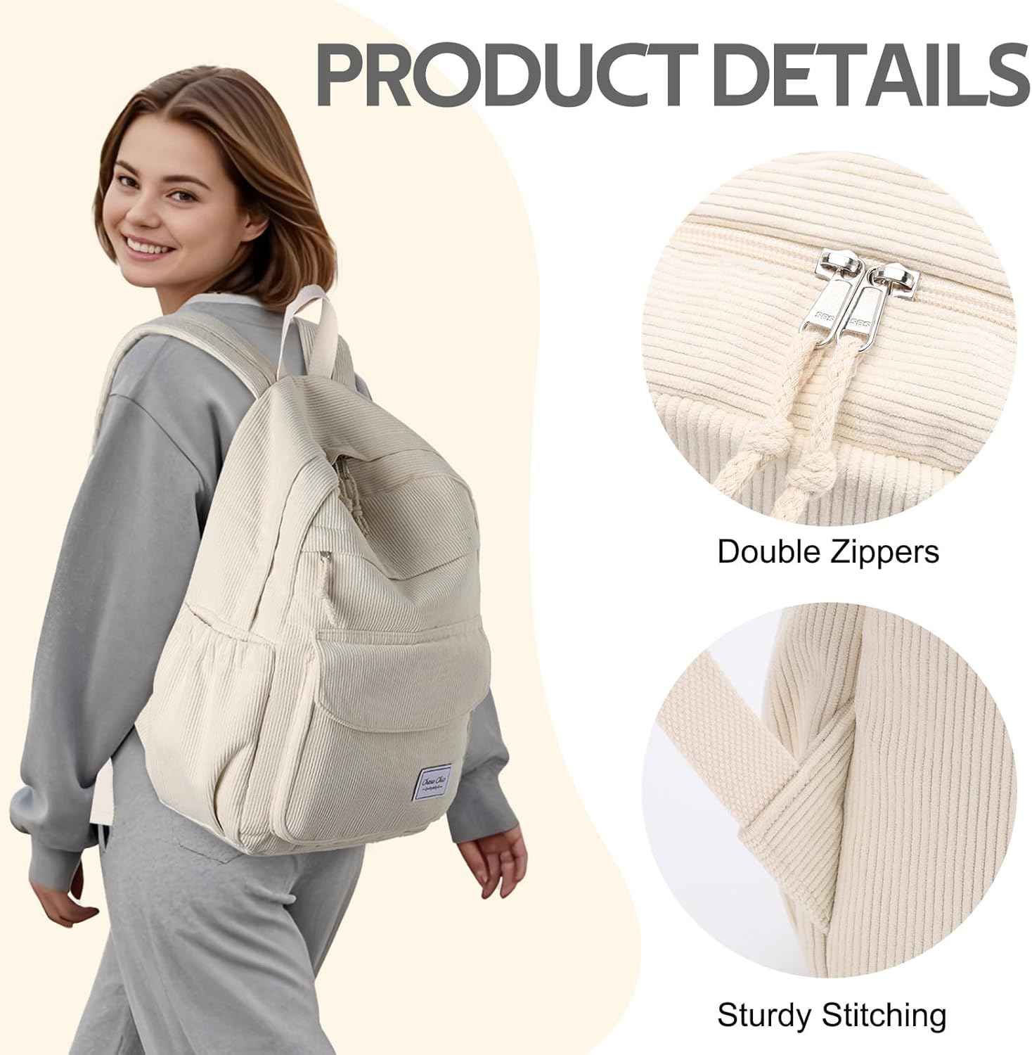 Chase Chic Corduroy Women Backpack, Cute Aesthetic Plush Bookbag Casual Rucksack Daypack for School Teen Girls Beige - Image 4