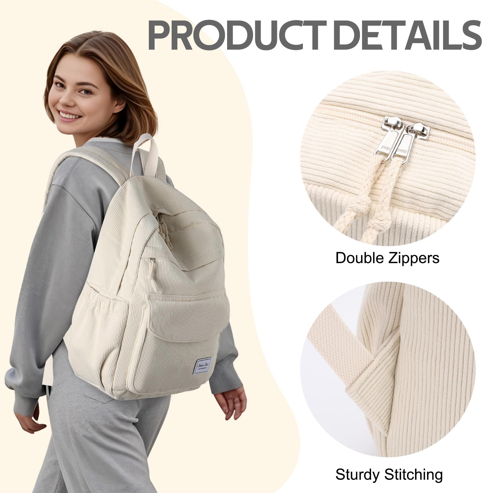 Chase Chic Sac a Dos Fille,Loisir Sacs Ecole Cartable Filles,16,7 L Sacs Scolaire Daypacks School Bag pour Travail, Voyage,école,College,Beige
