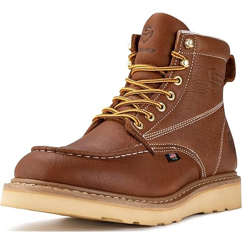 SUREWAY 6” Wedge Moc Toe Work Boots for Men - Soft Toe, Premium Full-Grain Leather, Lightweight Work Boots/Shoes, Comfort Insole, Superior Oil/Slip Resistant, Real Goodyear, EH Rated Industrial Construction Boots