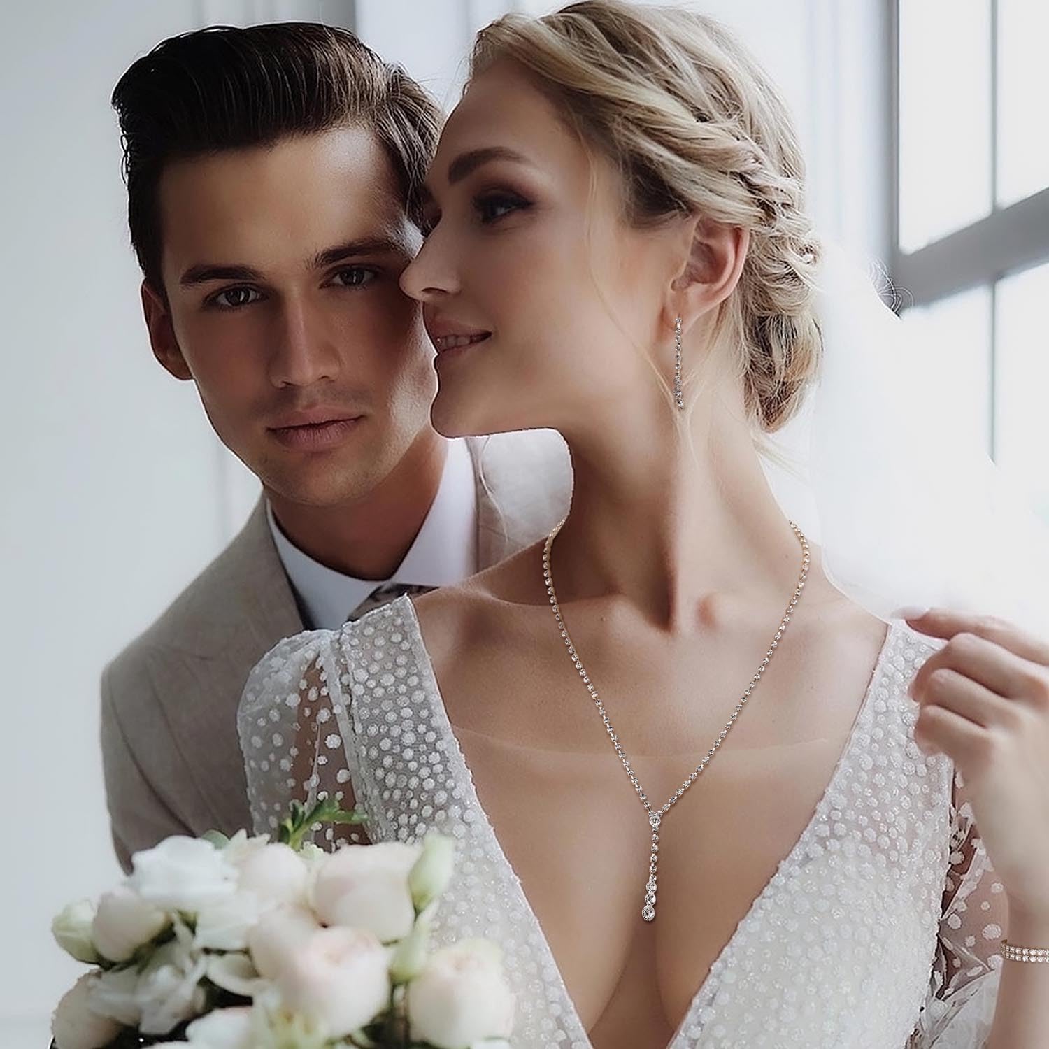 Jstyle Silver Bridal Jewelry Set for Women Rhinestone Necklace Dangle Earrings Bracelet Set Wedding Jewelry Sets for Brides Bridesmaid Crystal Prom Costume Jewelry Accessories for Women