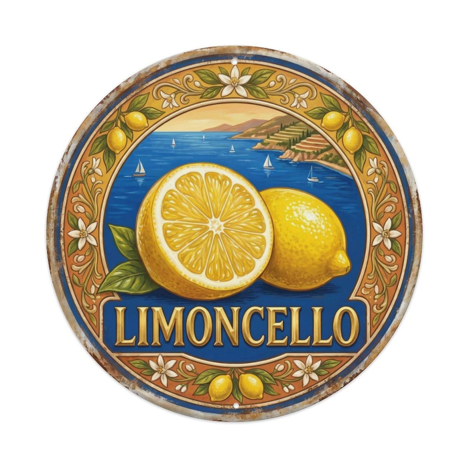 Fqcyn Style Mediterranean Limoncello Citrus Burst Metal Tin Sign Plaque Wall Decor For Cafe, Club Bar, Office, Home Garden Round Metal Poster 8X8inch