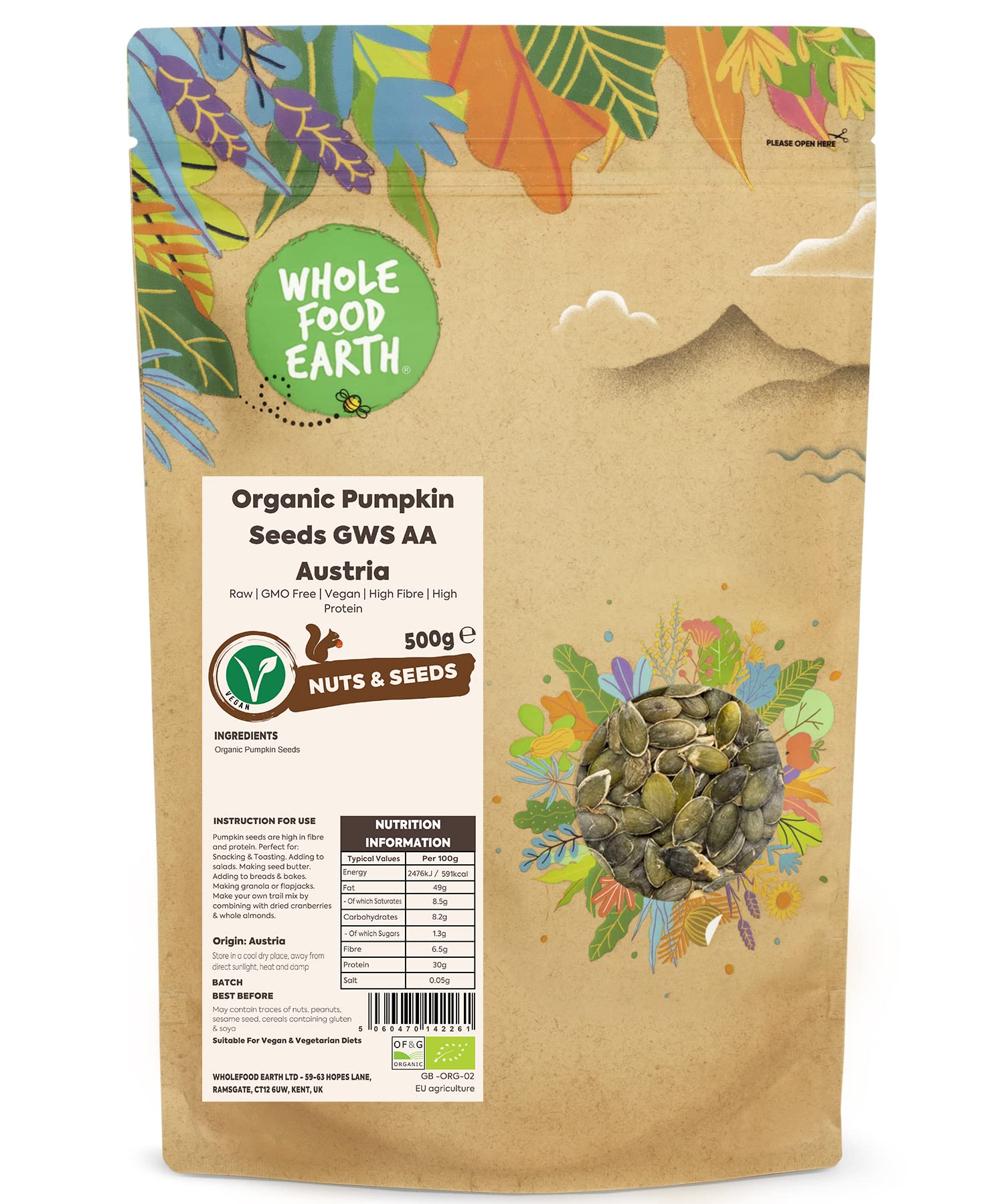 Wholefood Earth Organic Pumpkin Seeds GWS AA Austria 500g Raw | GMO Free | Vegan | High Fibre | High Protein | Certified Organic