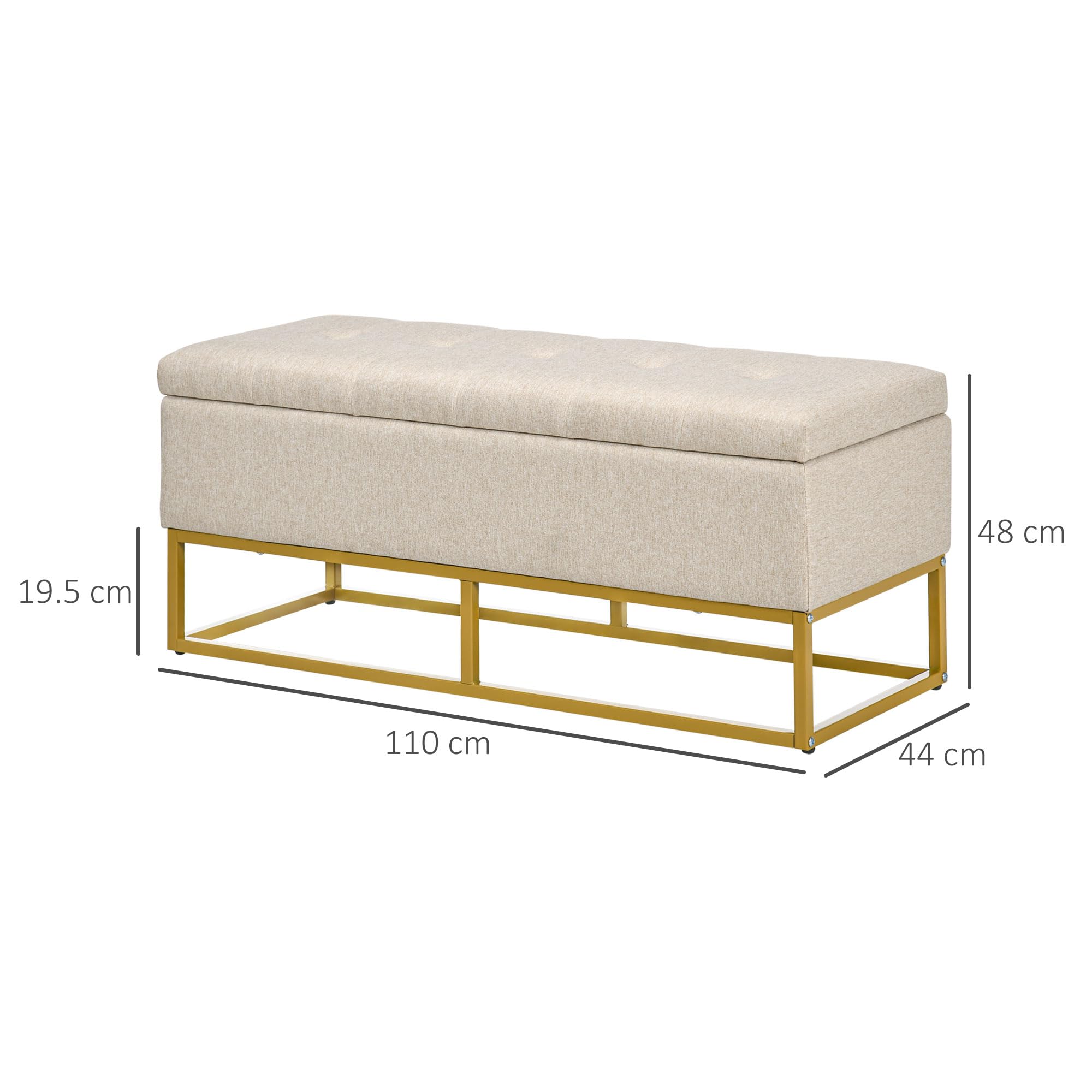HOMCOM Baúl de Almacenaje para Dormitorio Puff de Almacenaje Tapizado de Lino Sintético con Tapa Abatible y Patas de Acero para Salón 110x44x48 cm Beige