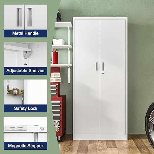 Miniatura 46 de Armario de almacenamiento de metal con puertas con cerradura y 2 estantes ajustables, gabinetes de metal de 71 pulgadas de alto, armarios de garaje,