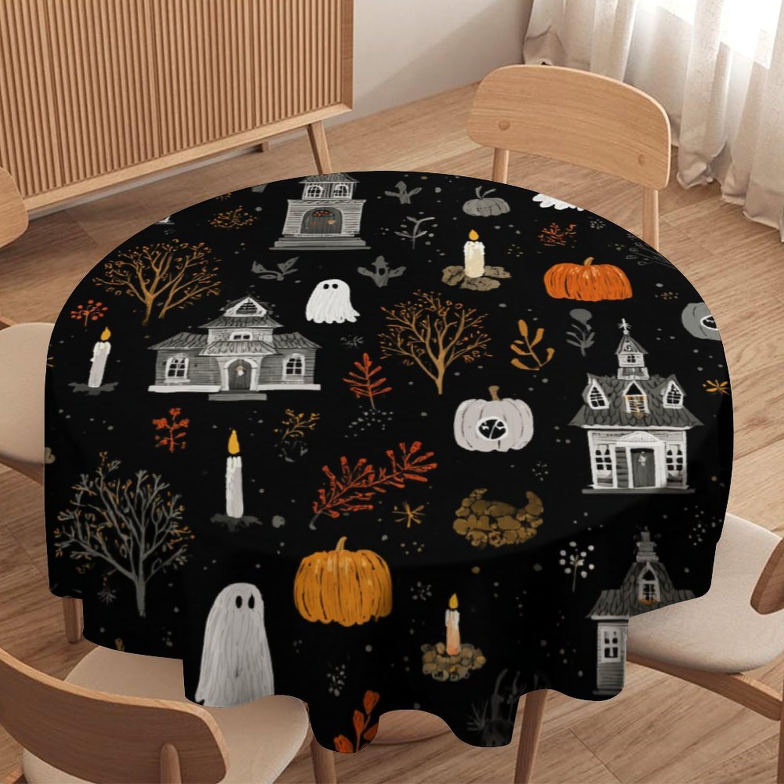 LUYYSKY Funny Beautiful Cute Ghost Waterproof Round Tablecloth Modern Cartoon Halloween Castle Plant Pumpkin Pattern Washable Table Cover for Kitchen-177.8" Wx177.8 L cm