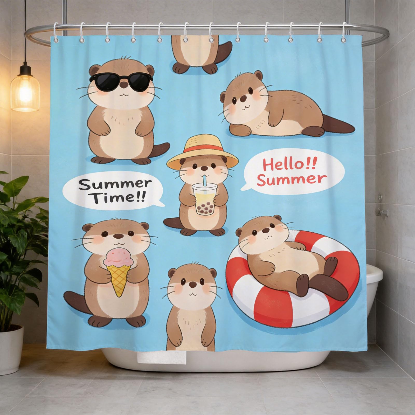 Hongduo 3D Otter Motif Shower Curtain for Stalls Bathtubs Summer Illustration Bathroom Decor Shower Curtain Set Polyester Fabric Waterproof 200x200cm/79X79 Inch with Hooks