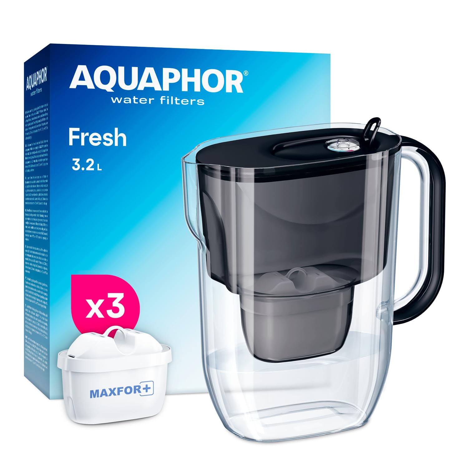 AQUAPHOR Wasserfilter Kanne Fresh 3,2 L mit 3 MAXFOR+ für Kühlschrank | Schmale Form für die Kühlschranktür • Bis zu 600 L Filterleistung • Reduziert Kalk & Verunreinigungen • Schwarz