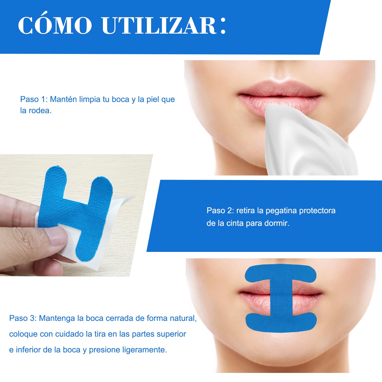 60 Piezas Mouth Tape for Sleeping, Anti Ronquidos Myotape, Cinta Bucal para Dormir, Solución para Ronquidos, Alivio Inmediato del Ronquido, Menos Respiración Bucal (Azul-H)