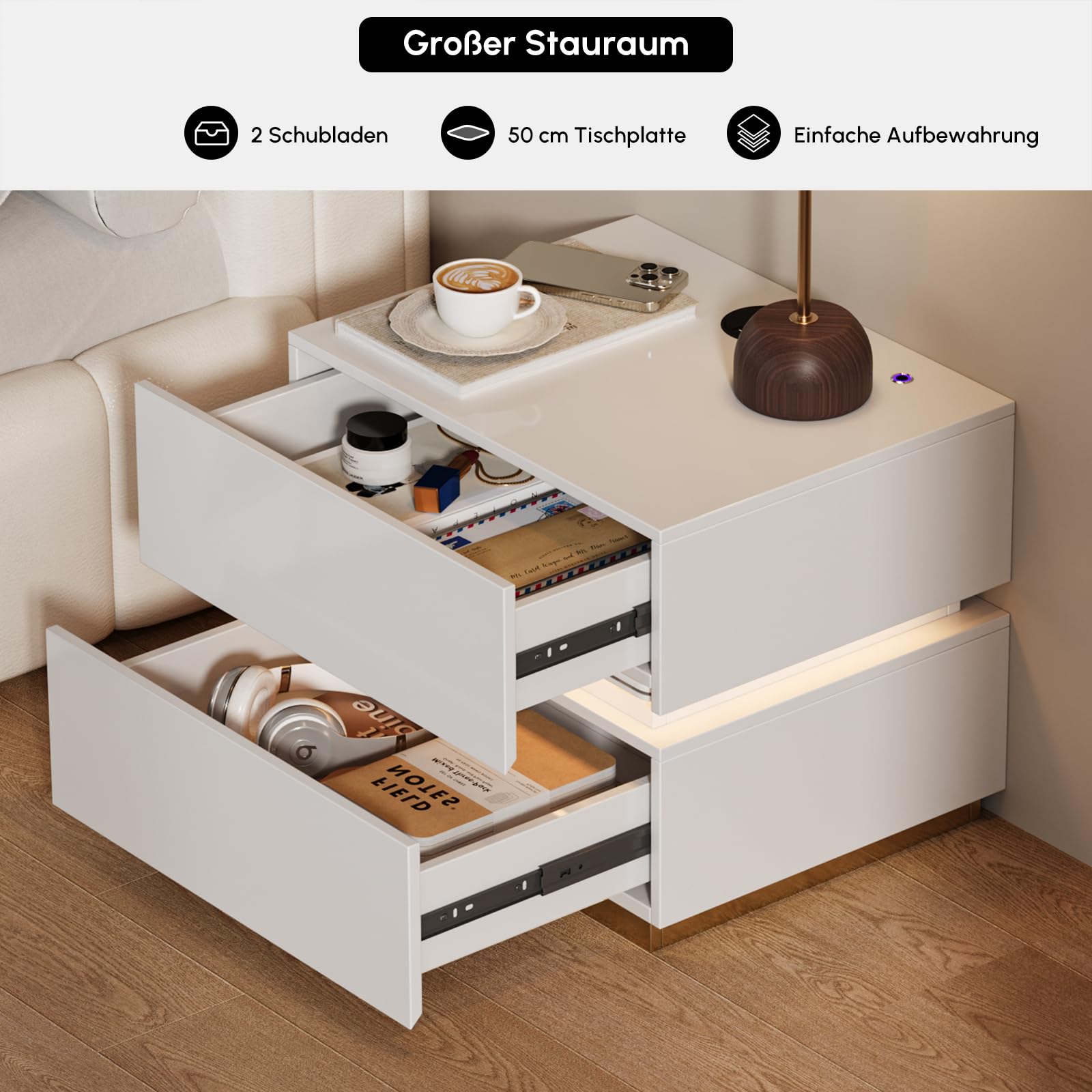 Homary LED Smart Nachttisch mit kabelloser Ladestation, Nachttisch mit Schubladen & USB-Anschlüssen, Modernes Nachtkästchen mit LED-Beleuchtung für Schlafzimmer (Led Weiß 2 Schubladen)
