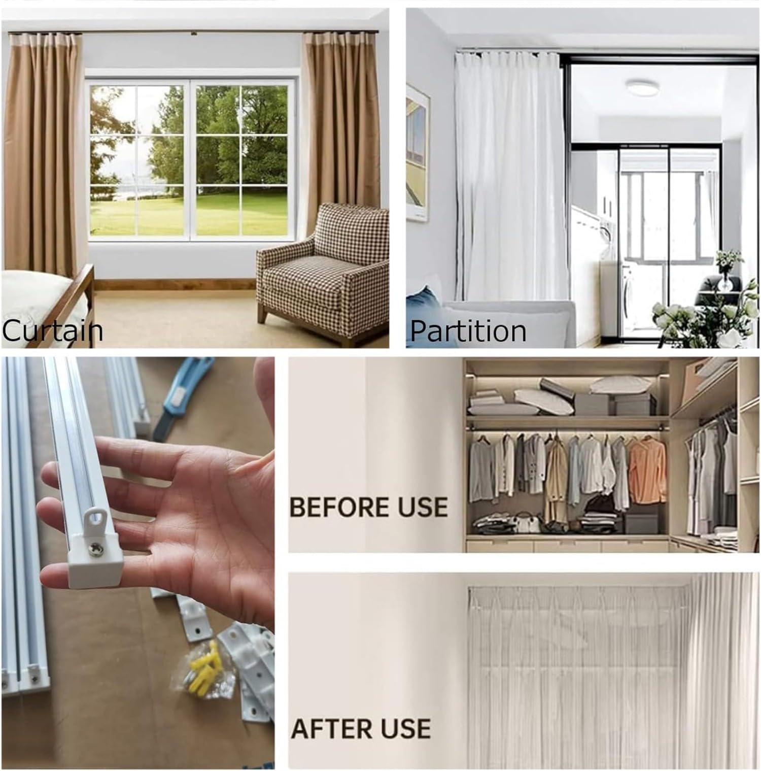 Système de rail de rideau coulissant robuste en aluminium de 1 à 5 m – Fixation au plafond et au mur avec supports et rouleaux pour salon, chambre à coucher et hôtel, blanc, 270 cm de long