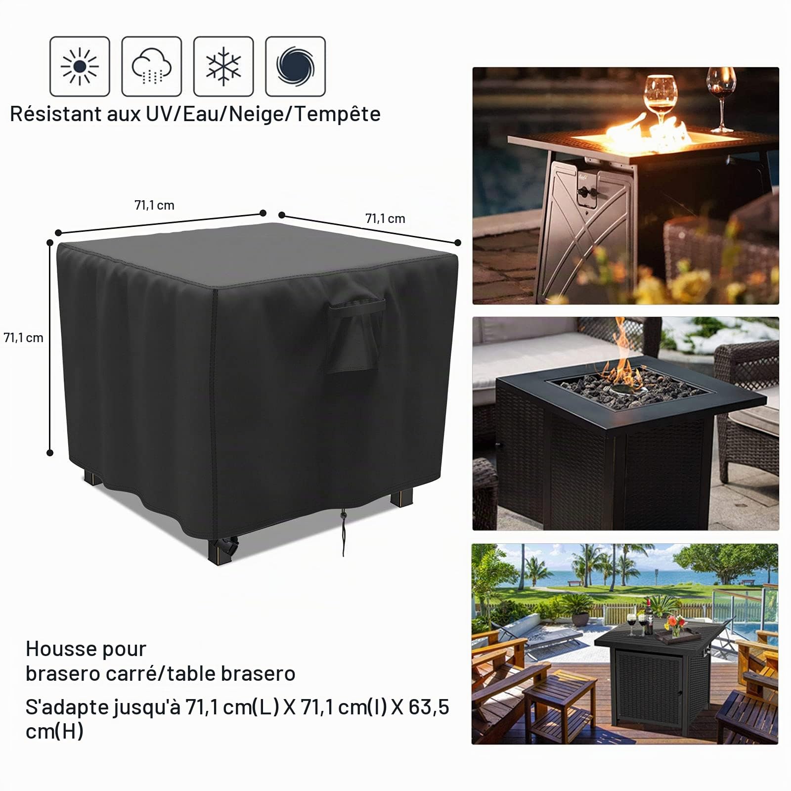 Housse de brasero carrée imperméable avec ourlet réglable pour meubles de jardin, table de brasero robuste, coupe-vent, 76 x 76 x 63 cm (noir)