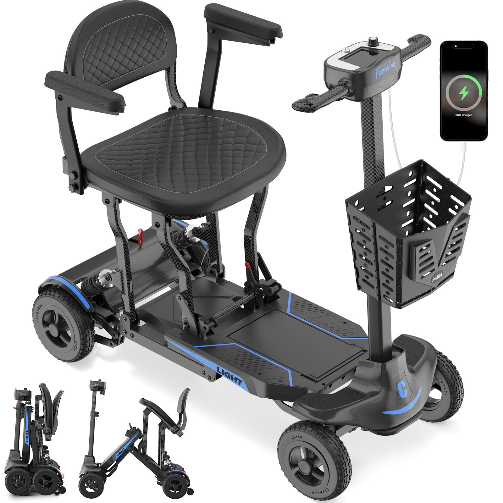 4 Wheel Mobility Scooter for Adults Seniors - Carbon Fiber 30lbs Foldable Ultra Lightweight Mobility Scooter Compact Size