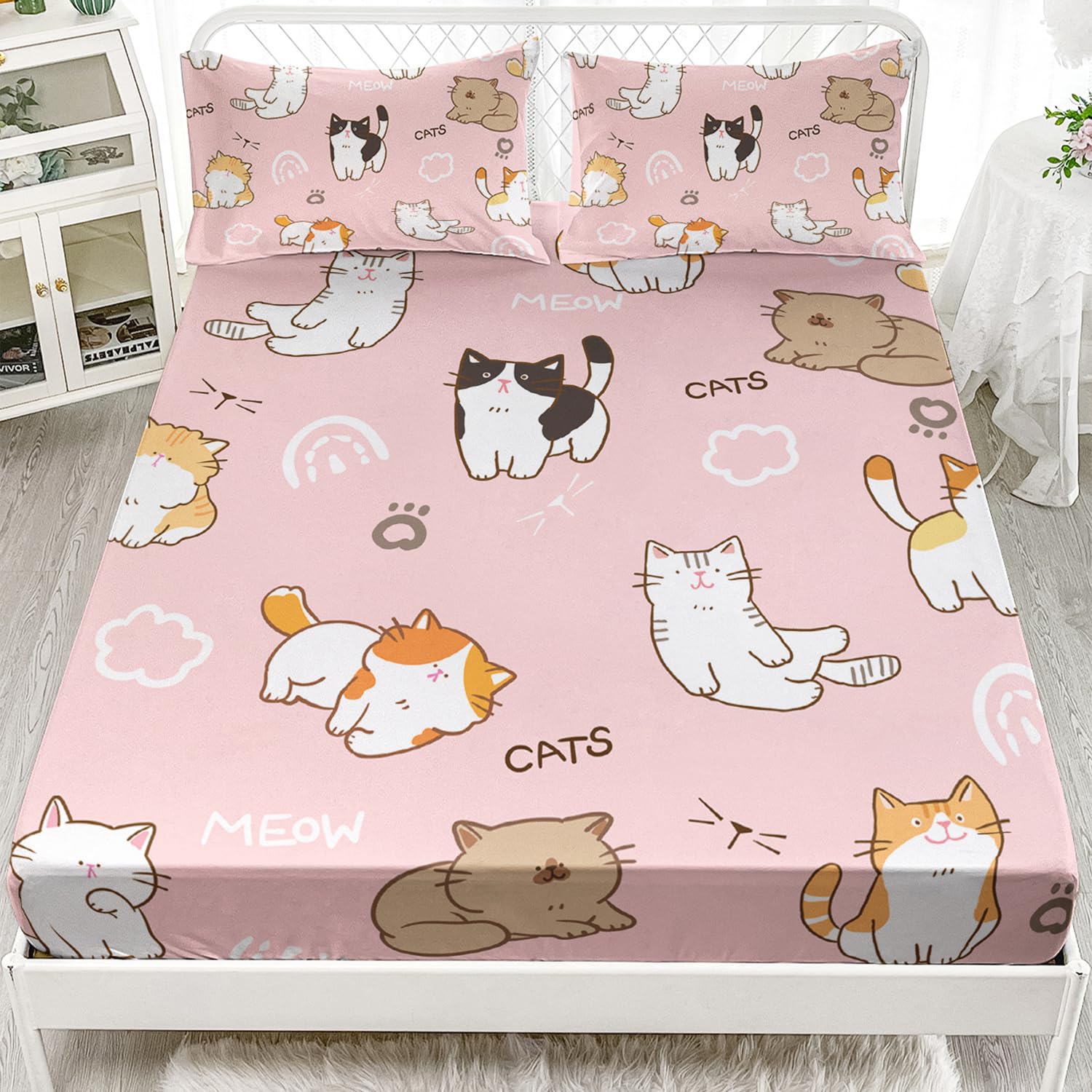 AILONEN Cats Fitted Sheet Twin XL Size Cartoon Cat Cute Bed Sheet for Kids Girls Teen Pink Kawaii Bedding Set Decor 3 Pieces Set, 1 Fitted Sheet and 2 Pillowcases