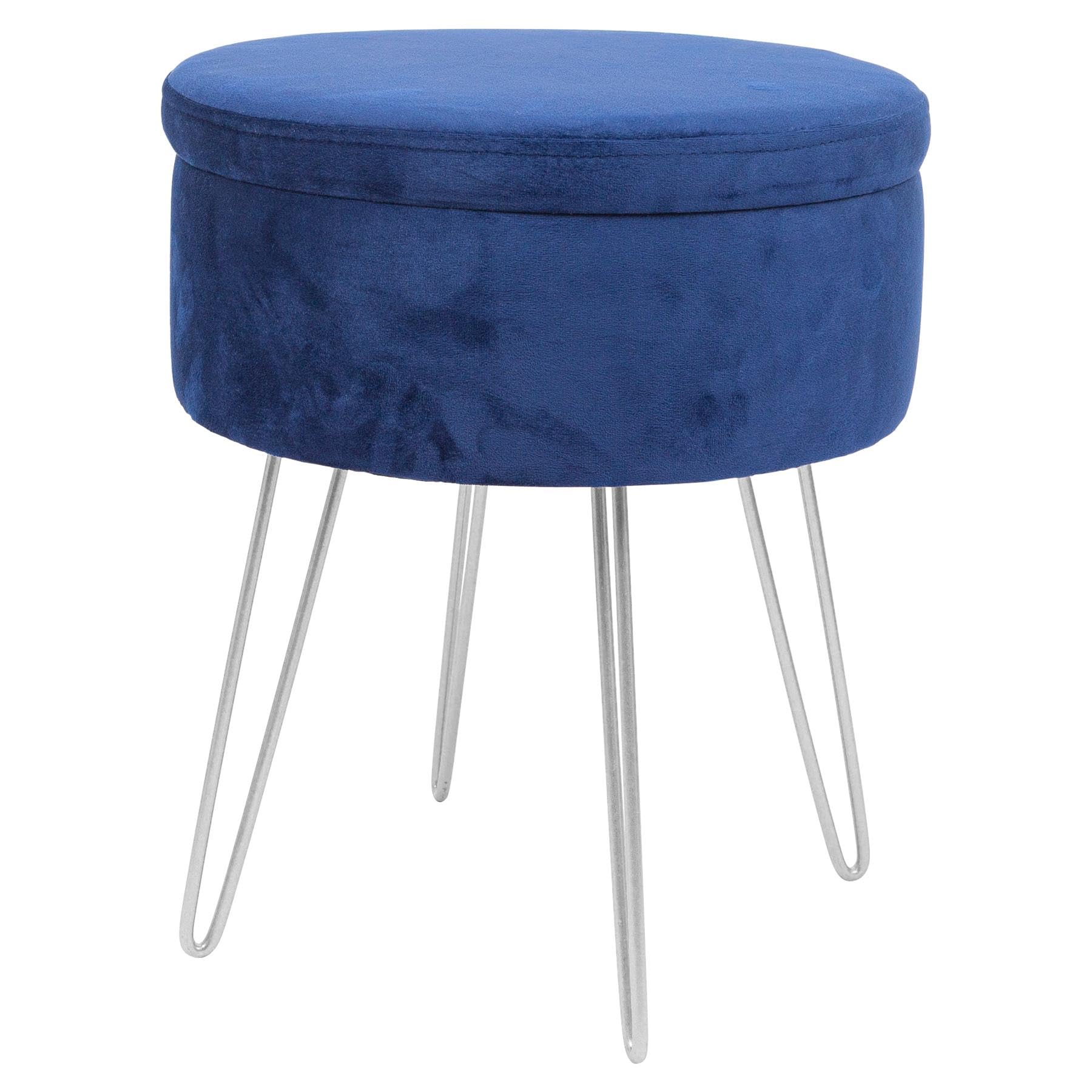 Harbour Housewares Velvet Round Foot Stool with Storage - Blue with Silver Legs - Modern Dressing Table Pouffe Footstool Vanity Seats Vanity Chairs Footstools for Living Room, Bedroom