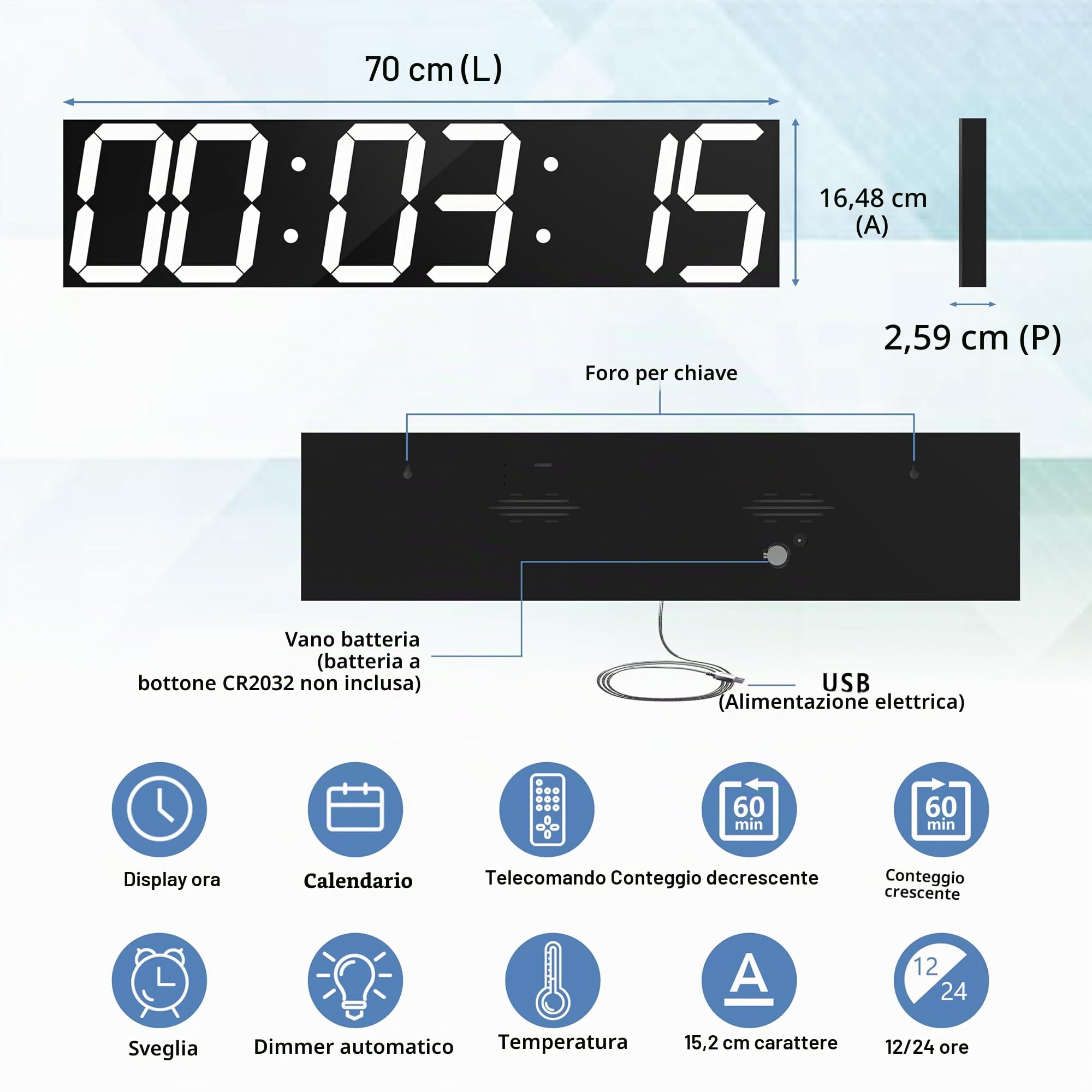 CHKOSDA Orologio digitale da parete, con dimmer automatico, con timer per conto alla rovescia con telecomando, display a LED largo 27.5in, 6 cifre, montaggio a parete, data e temperatura (bianco)