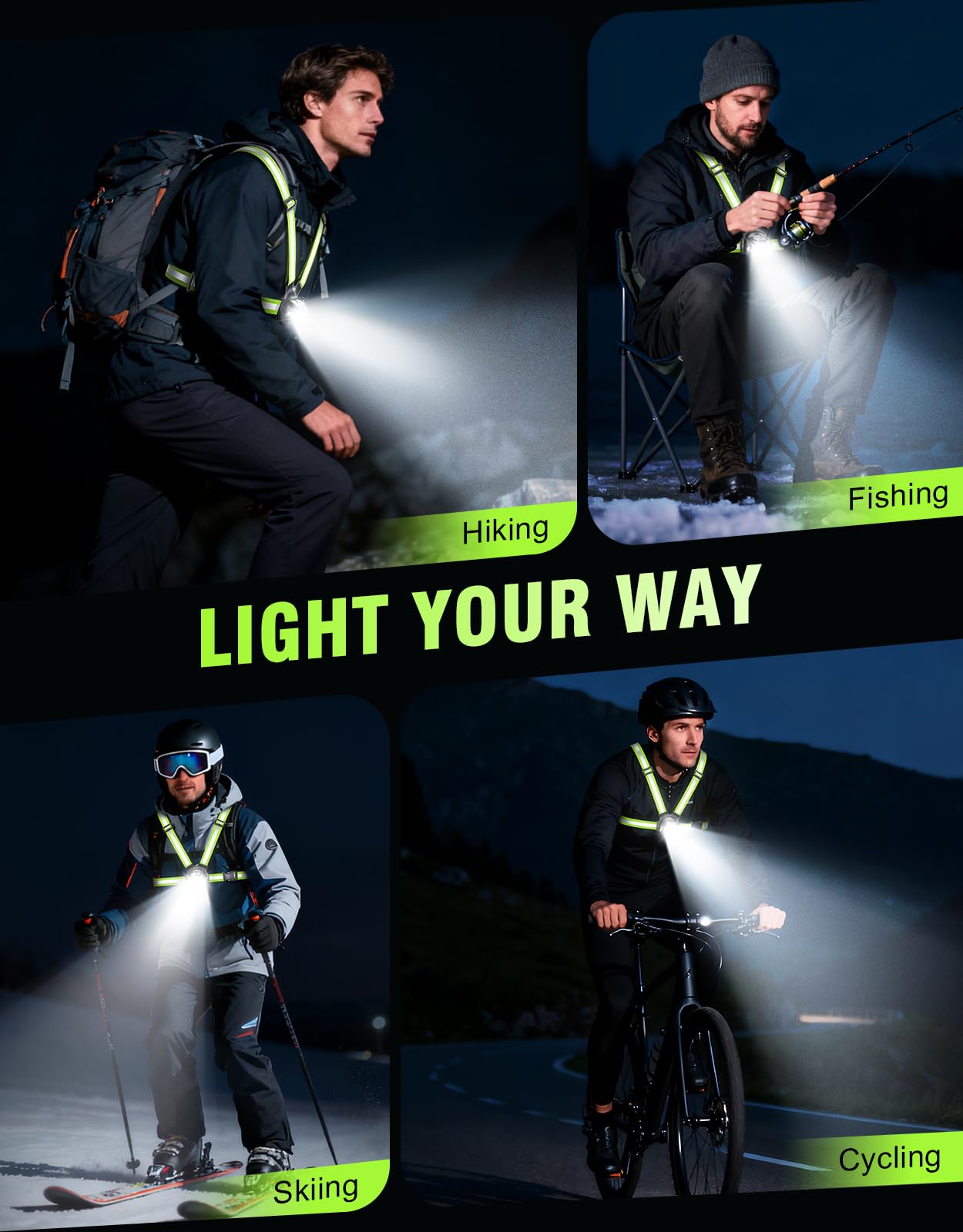 Luci da corsa per corridori, 500 lm, 1800 mAh, luce da corsa ricaricabile con 7 modalità e fascio regolabile a 45°, impermeabile IPX4 a 360°, gilet riflettente per passeggiate notturne, jogging