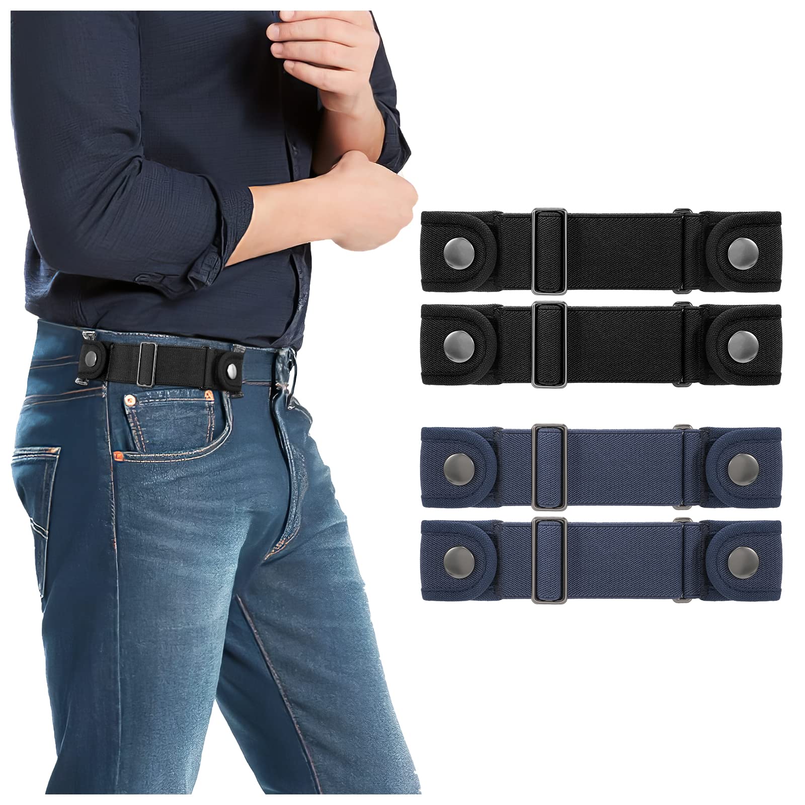 WOWOGO2 Pack No Buckle Belts for Men Women Side Belt Elastic Stretch Adjustable Invisible Belt Fits 1.5 Inch Belt Loops, 06-black+black+blue+blue, Fit 2 loop distance 7"-9"