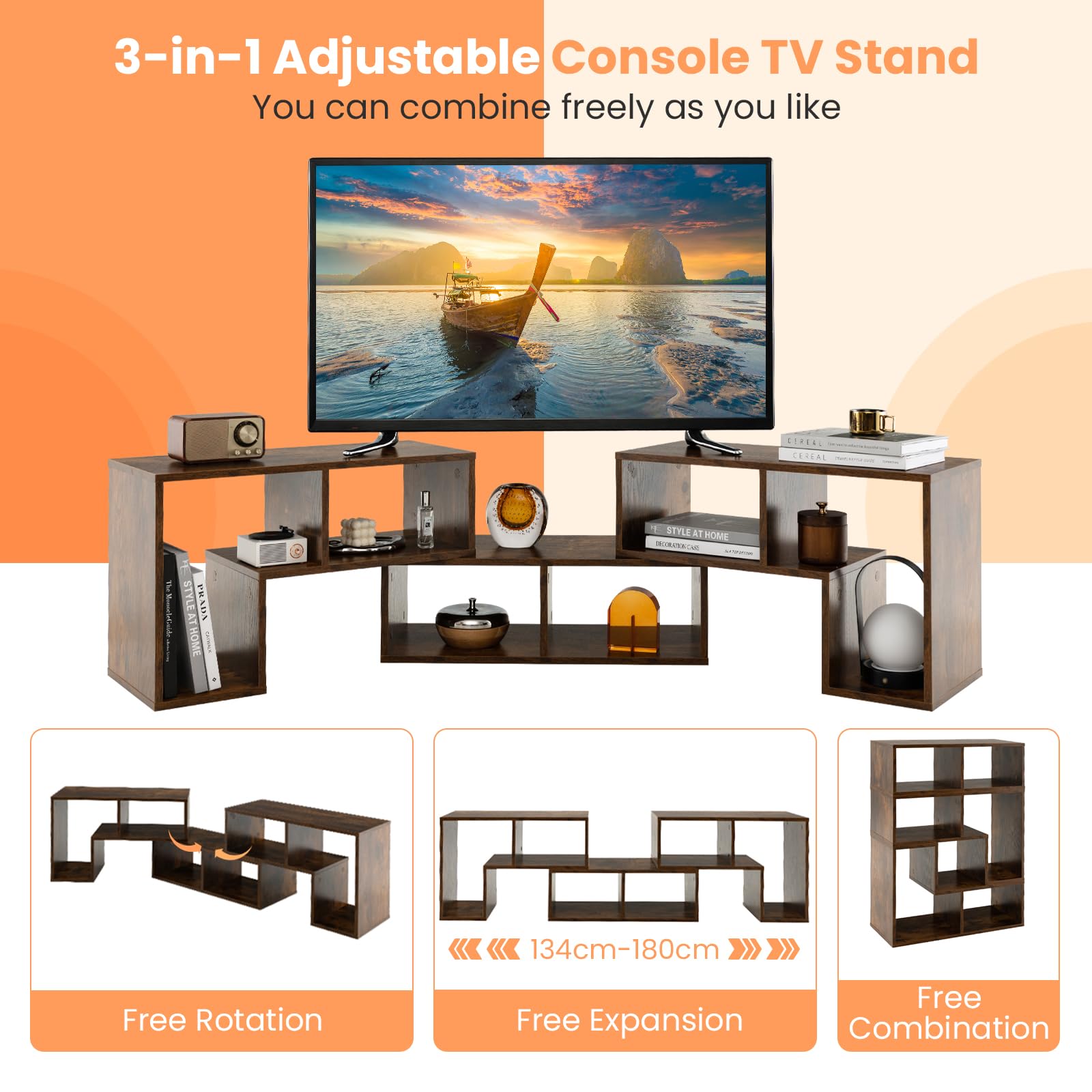 KOMFOTTEU Mobile TV Soggiorno in Legno, Mobile Porta TV Liberamente Combinabile, per TV fino a 65”, Mobiletto TV Multifunzione con 6 Vani Aperti, 134 x 30 x 43 cm (Marrone)