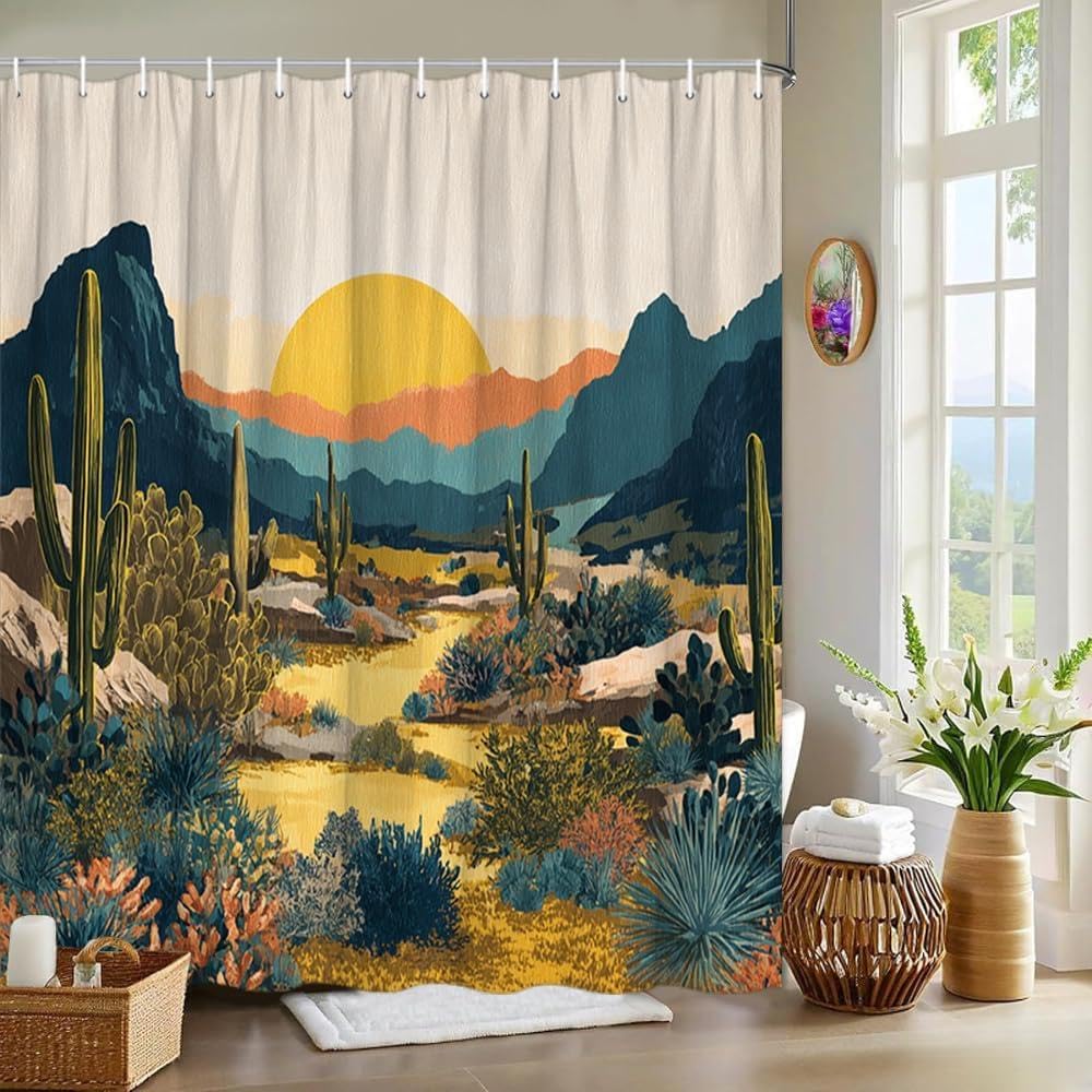 GLKSDLPO Boho Desert Cactus Landscape Shower Curtain Boho Bathroom Decor Nature Sunset Printed Shower Curtain Wet Room(80x180cm/31x71in(WxH)