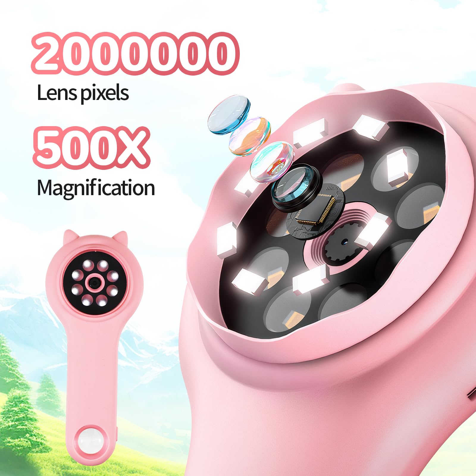 FRCOLOR Microscopio Portátil Para Niños – Kit De Ciencia Con Muestras Y Accesorios, Juguete Educativo Para Explorar La Naturaleza (Rosa)