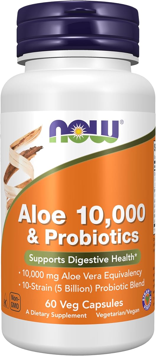 NOW Foods Suplementos, Aloe 10.000 y probióticos con mezcla de probióticos de 10 cepas (5 mil millones), 60 cápsulas vegetales