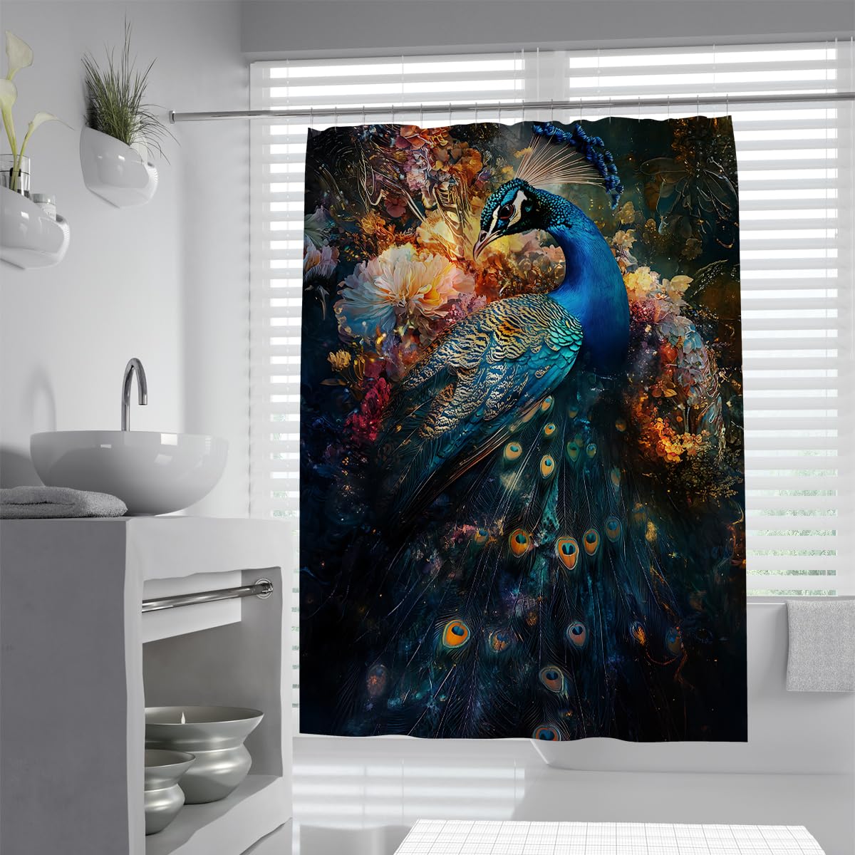 UIRINGART Peacock Shower Curtains W120xL180cm Vintage Floral Blue Gold Bird Art Waterproof Mould Resistant Washable Fabric Bathroom Curtain Bath Decor with Hooks