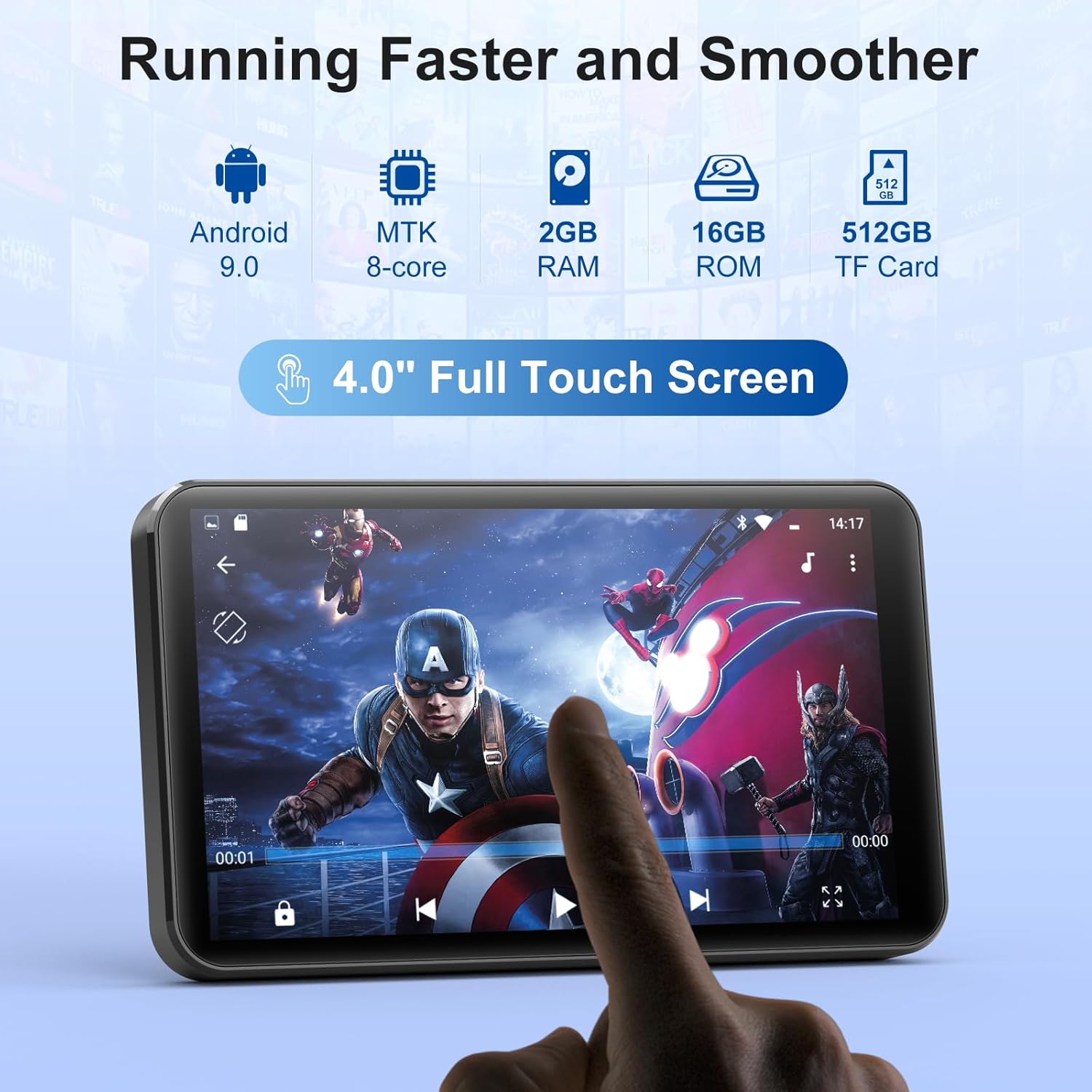 MECHEN H1 Pro MP3 Player showing Android 9, MTK 8-core, 2GB RAM, 16GB ROM, 512GB TF Card, and 4.0 inch Full Touch Screen