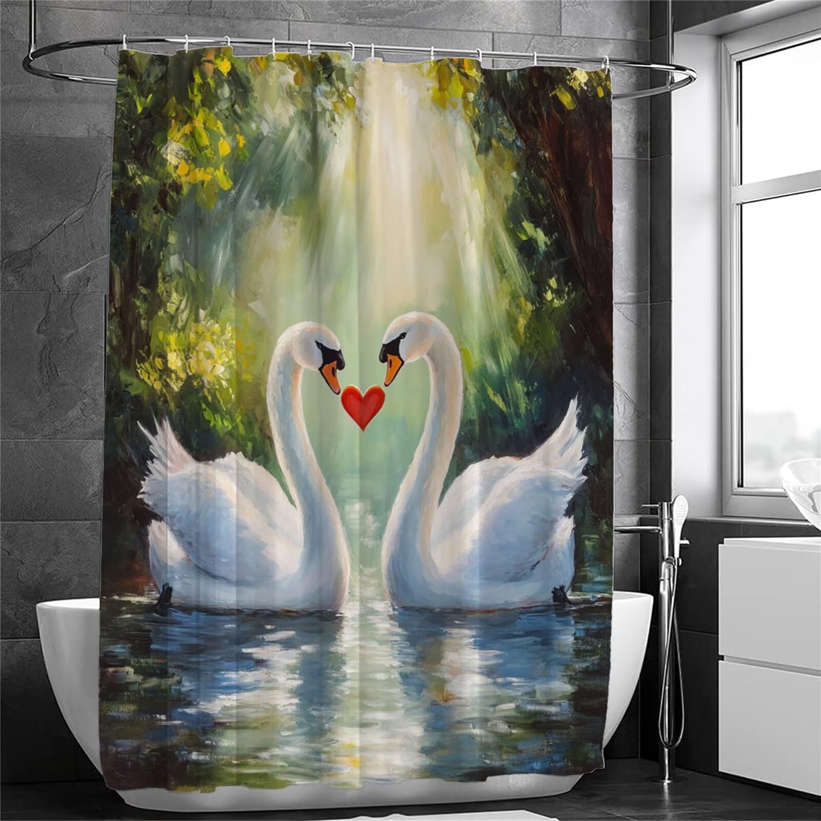 Zasłona prysznicowa łabędź Walentynki 200x240 cm z obciążonym obszyciem i haczykami, zmywalna - wodoodporna - odporna na pleśń - szybkoschnąca zasłona prysznicowa do łazienki 3Y-251