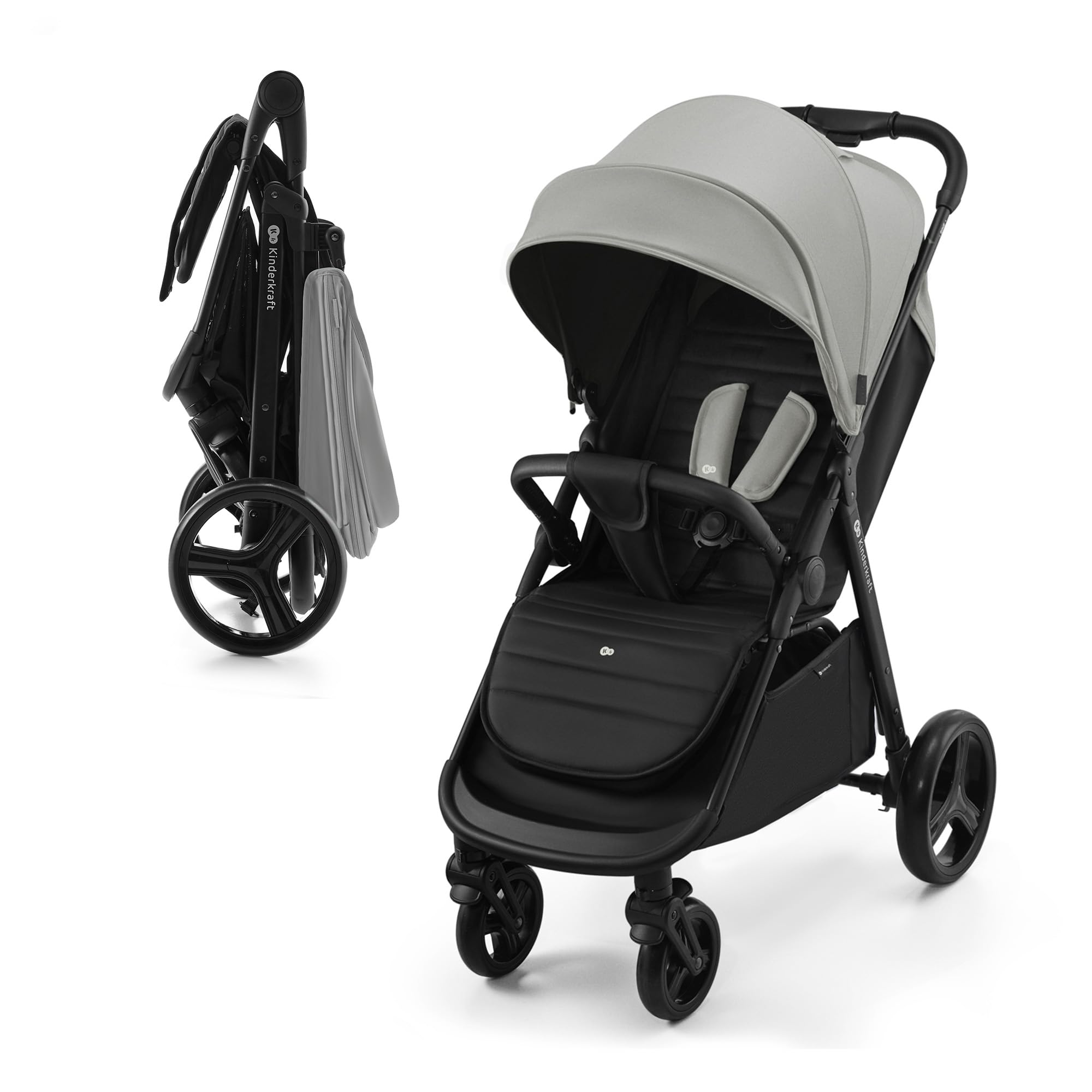 Kinderkraft RINE Buggy bis 22 kg, Kinderwagen, Mit einer Hand zusammenklappbar, wasserfestes Verdeck mit UPF50+ Filter, liegende Position, Getränkehalter im set, Grau