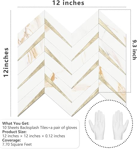 Miniatura 6 de STICKGOO 10 hojas de azulejos en espiga para despegar y pegar, mármol Calacatta mezclado con PVC dorado claro para salpicaderos, azulejos de pared