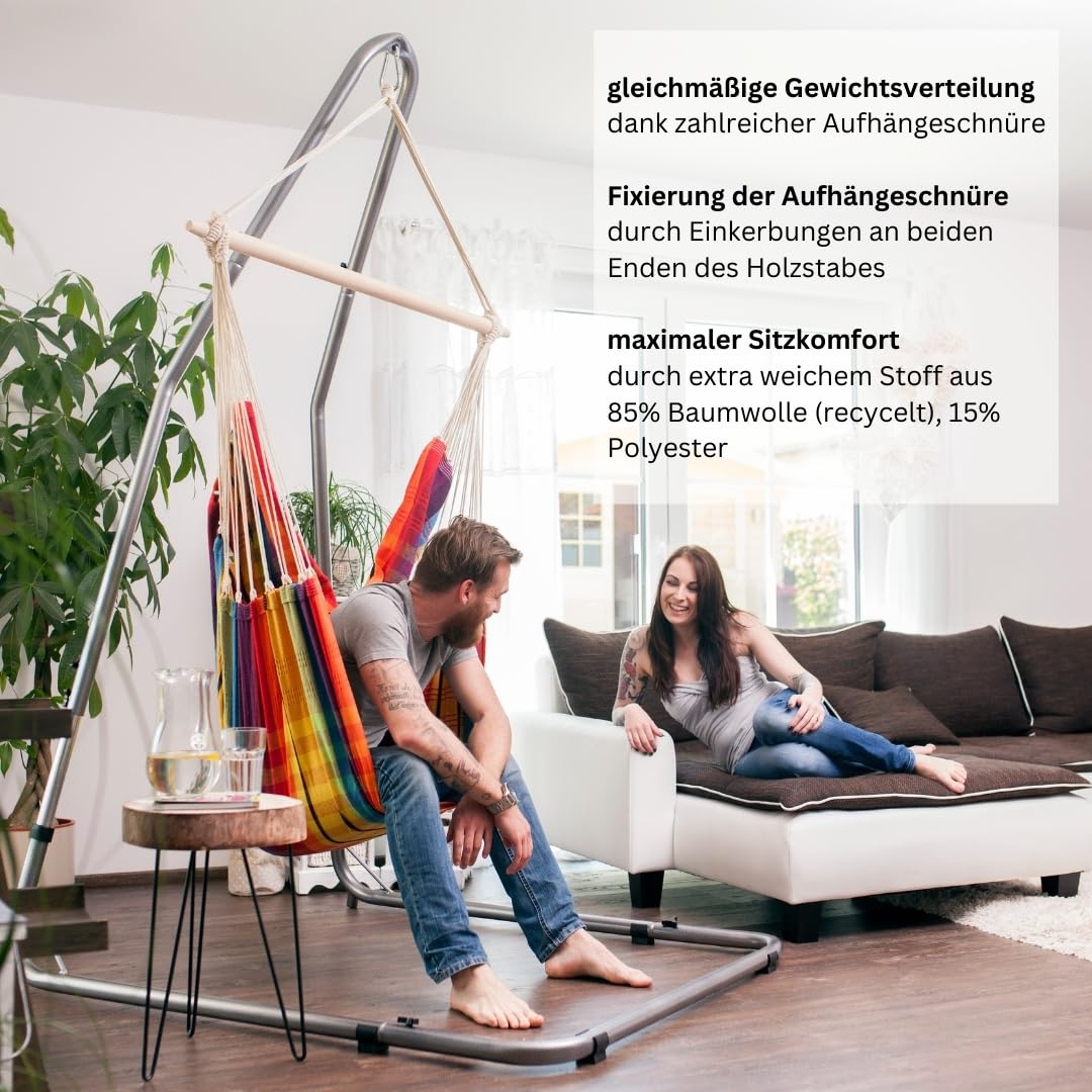 AMAZONAS - XL Hängesessel Brasil | Hängesessel ohne Gestell mit großer Sitzfläche, handgefertigt in Brasilien | Belastbar bis 150 kg; Sitzfläche 1,6m x 1,3m; Stablänge 1,1m | Farbe: Rainbow