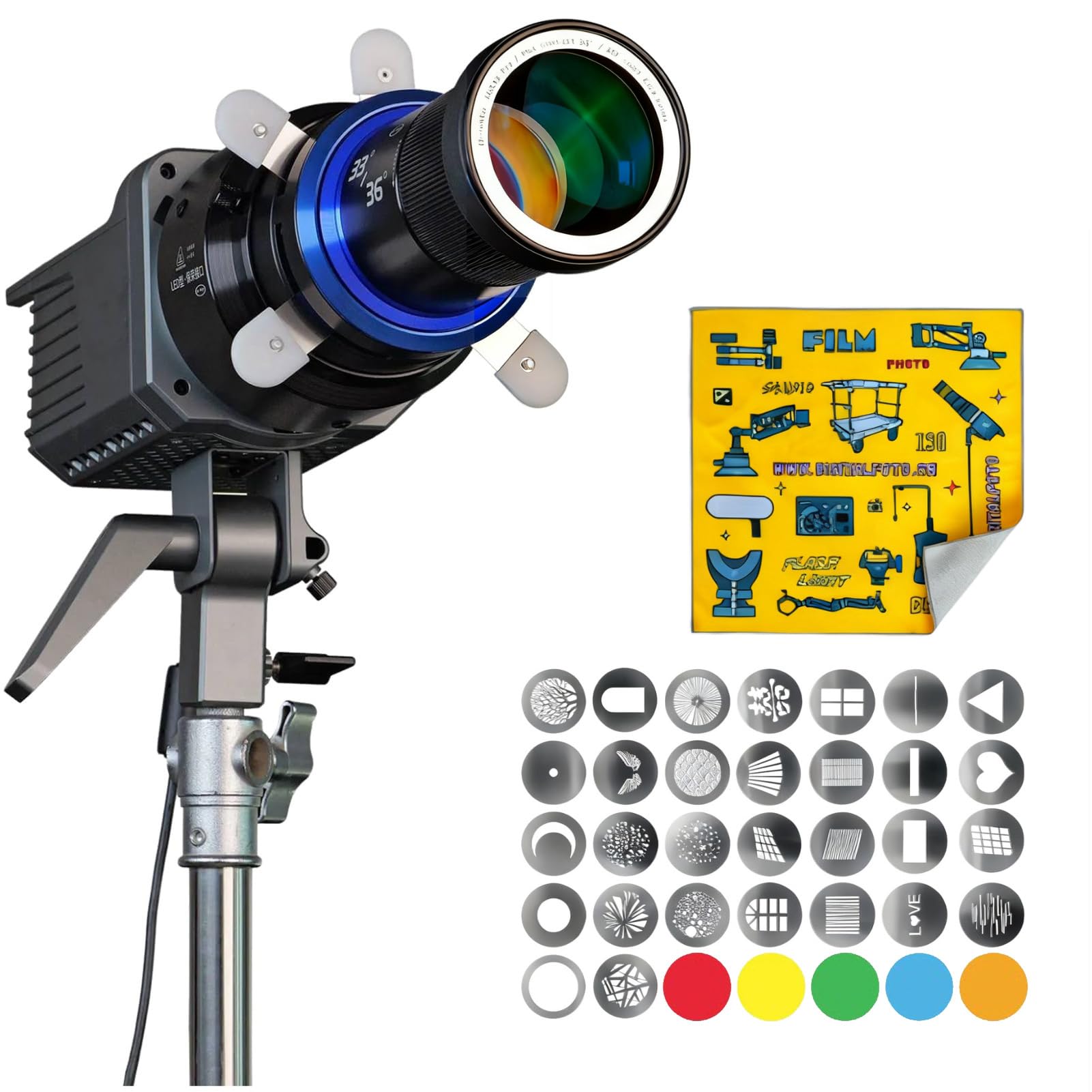 Bowens Mount Optical Snoot Kit per Aputure Amaran 100X/D, 200X/D, 150C, 300C, 600X Pro Ray 660C, Godox SL60 – Proiezione Spotlight con 5 filtri colorati, 30 Gobos & 5 Gobo colore speciale.
