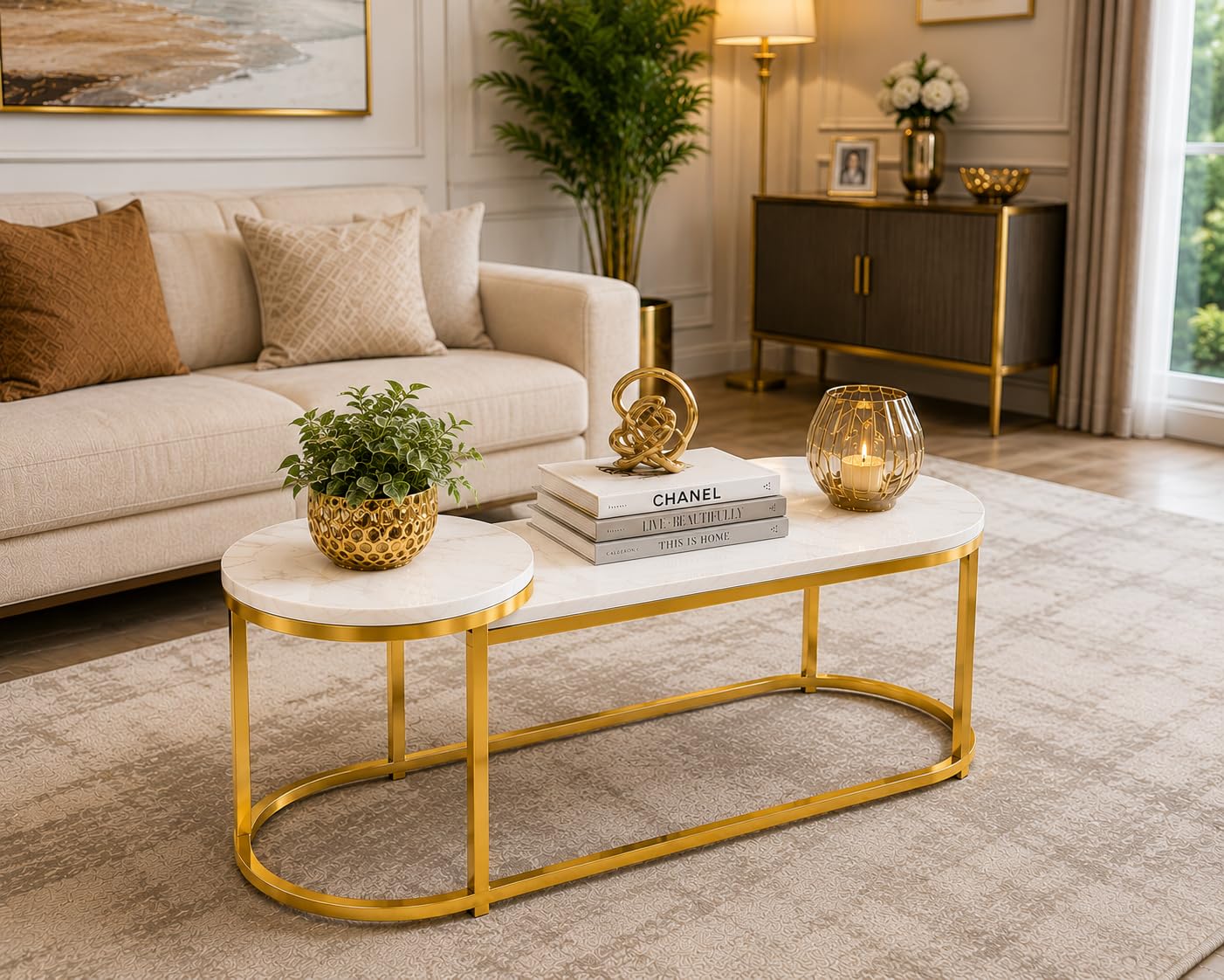 Side Table,End Table, Coffee Table, Modern Oval Coffee Table with White Marble Finish Top & Gold Metal Frame, Stackable Center Table for Living Room, Bedroom, Office Decor-image-34