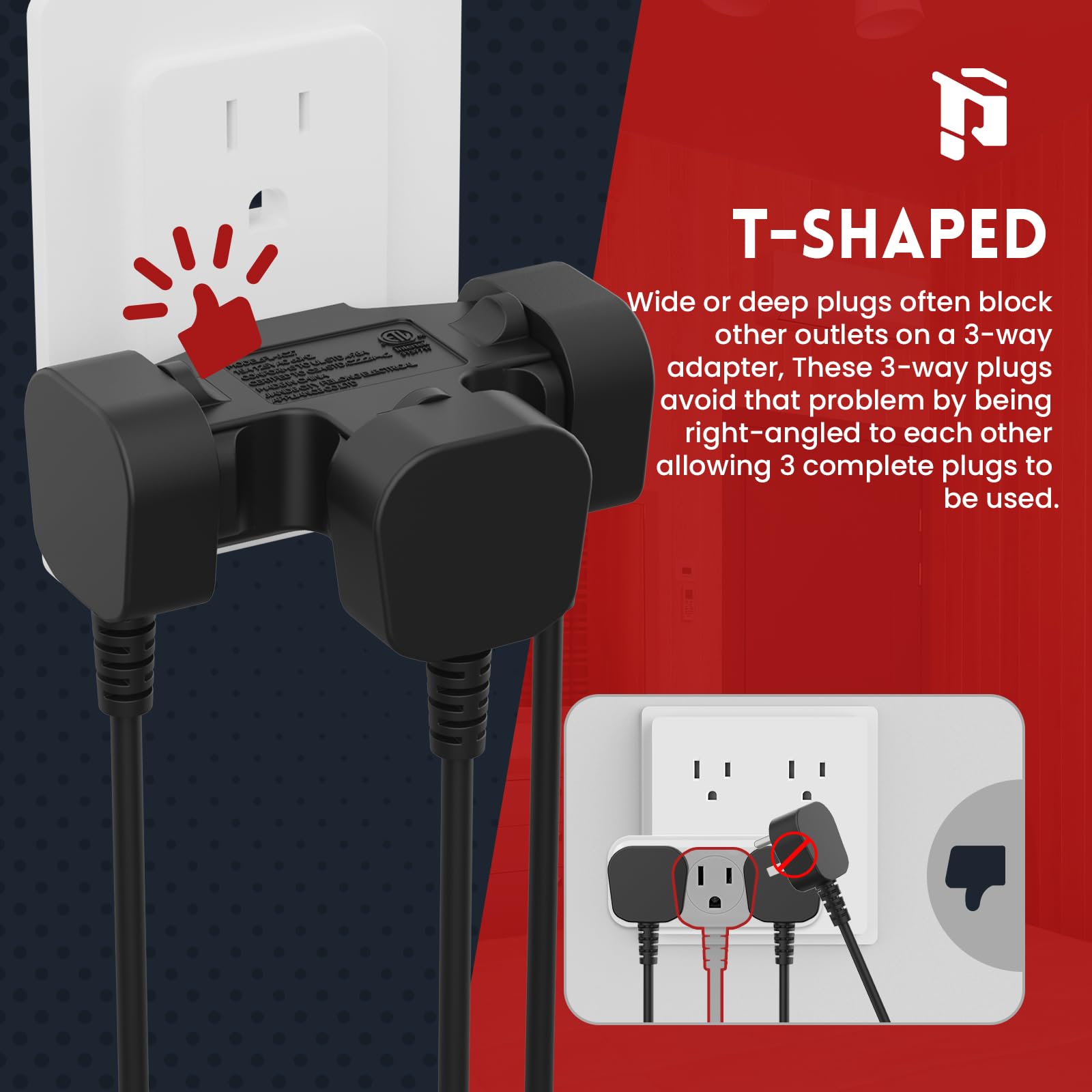 PLUGTUL 3-Way Plug Adapter - 3 Outlet Expander -3 PLUGTUL 3-Way Plug Adapter - 3 Outlet Expander -3