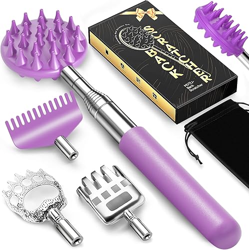 Vista 29 de TUKUOS Rascador telescópico de espalda con 4 cabezas rascadoras desmontables, relleno de calcetines para hombres, rascador de espalda