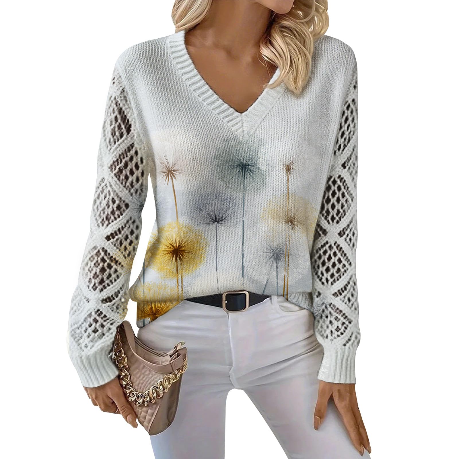 Womens Boho Floral Sweater Tie Dye Crochet Hollow Out Knit Jumper Tops V Neck Long Sleeve Trendy Pullover