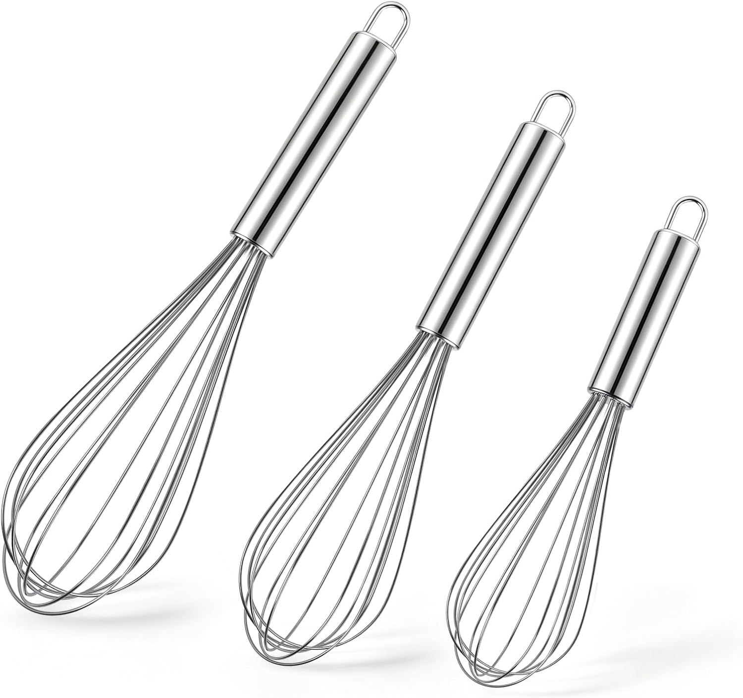 Ninsula 3 Pack Stainless Steel Whisk, 8" 10" 12" Thicken Heavy Duty Whisk Set, Food Grade Kitchen Wire Whisks for Cooking, Whisking, Blending, Stirring