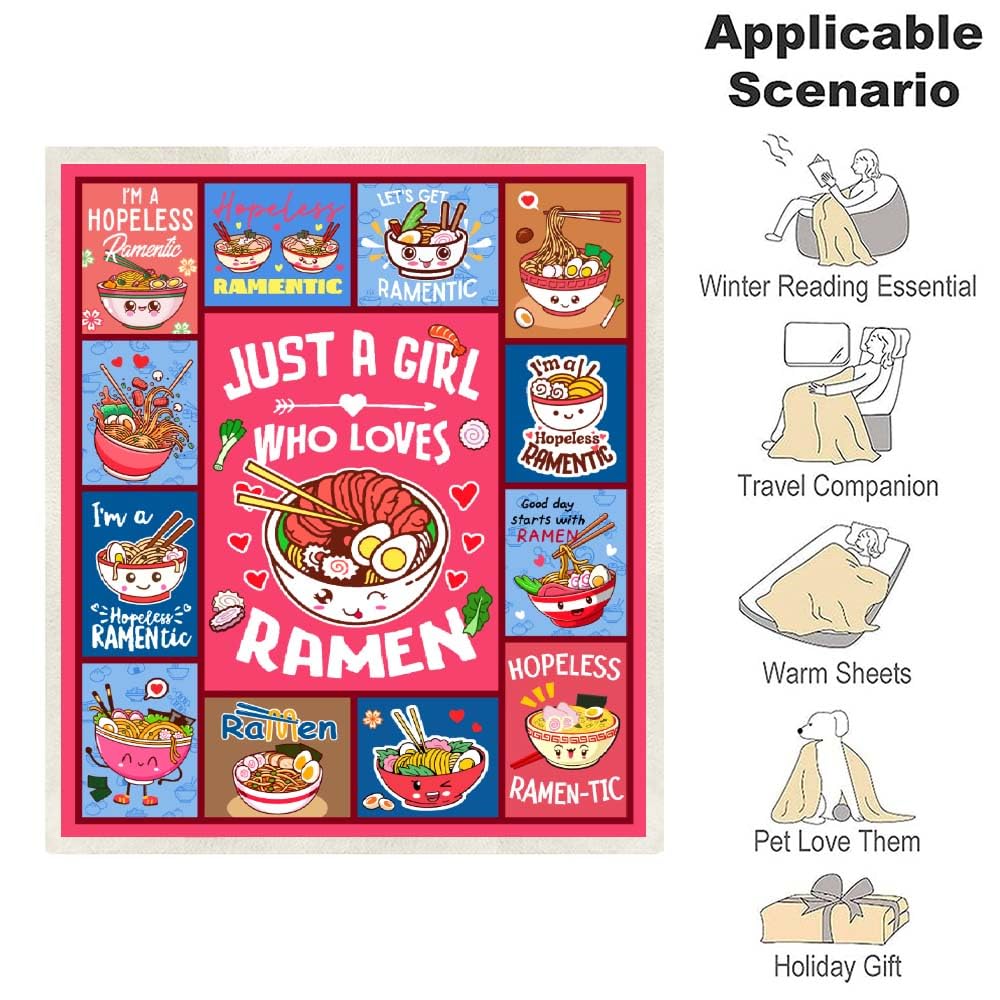 Ramen Throw Blanket Just A Girl Who Loves Ramen Blanket Ramen Soup Throw Blanket Ramen Boba Blanket Gift for Girls Loves Noodles Super Soft Lightweight Blankets 50" x 60"