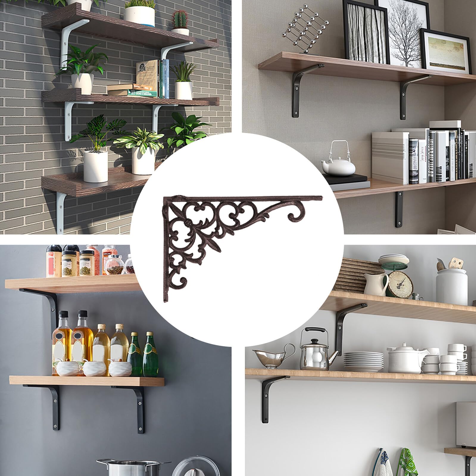 GALPADA 2 piezas Soportes de Estantes de Hierro Fundido con Diseño Floral Escuadras de Ángulo Recto Decorativas para Estanterías de Pared Resistentes y Fáciles de Instalar