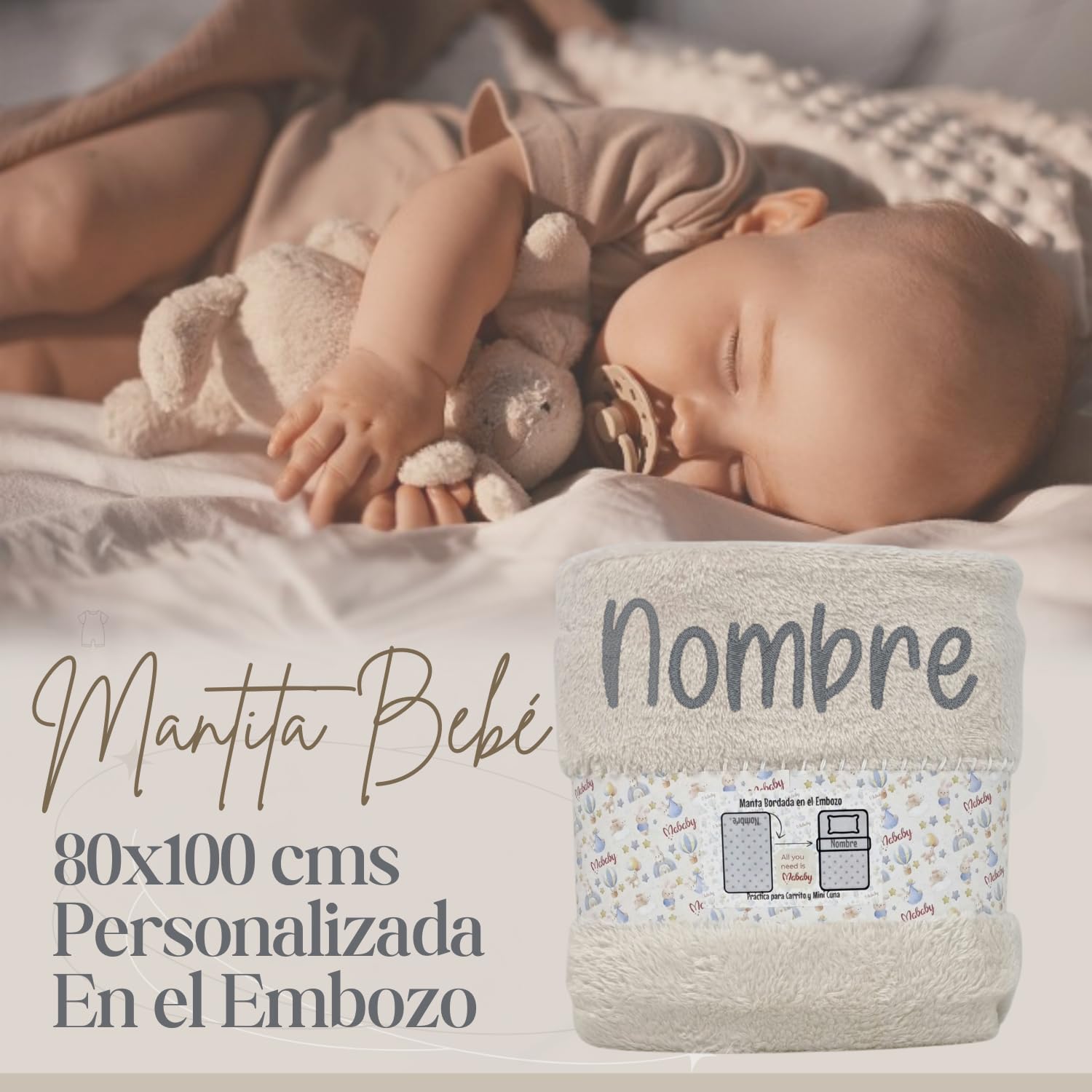 Canastilla Bebé Recién Nacido Mi Peluche Deluxe (Beige) | Canastilla personalizada con manta bordada, peluche conejo, chupete y pinza con nombre, tarta de pañales y cuidados
