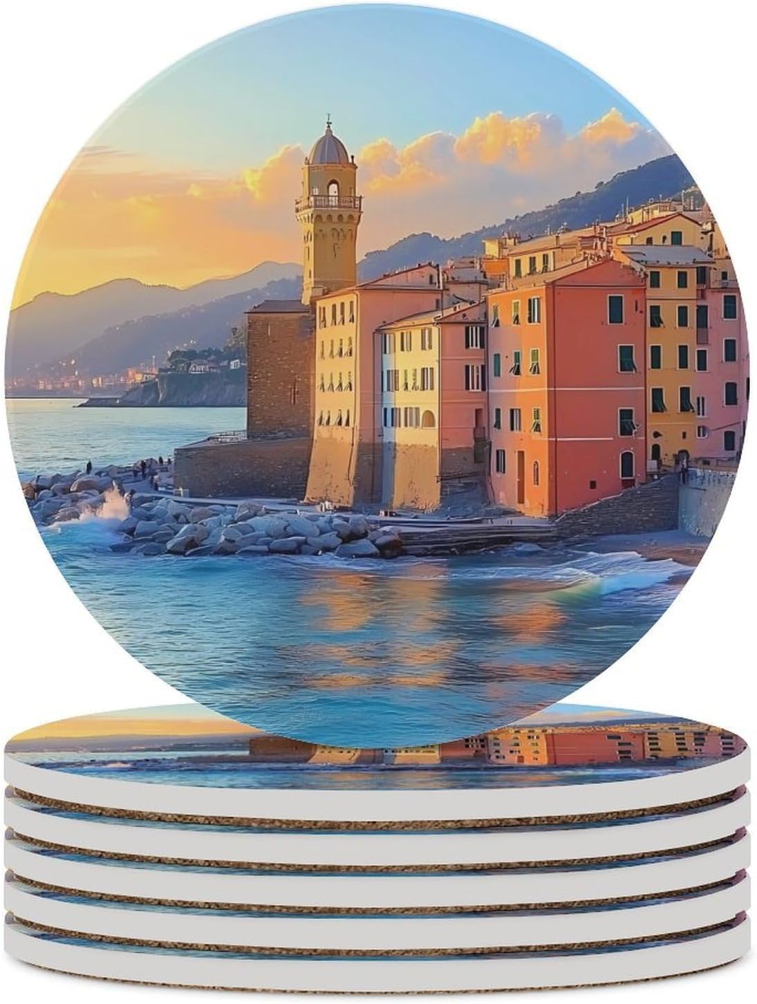 Camogli Beach Italy Round Ceramic Coasters for Drinks Absorbent Cup Holder Tabletop Protector with Cork Base